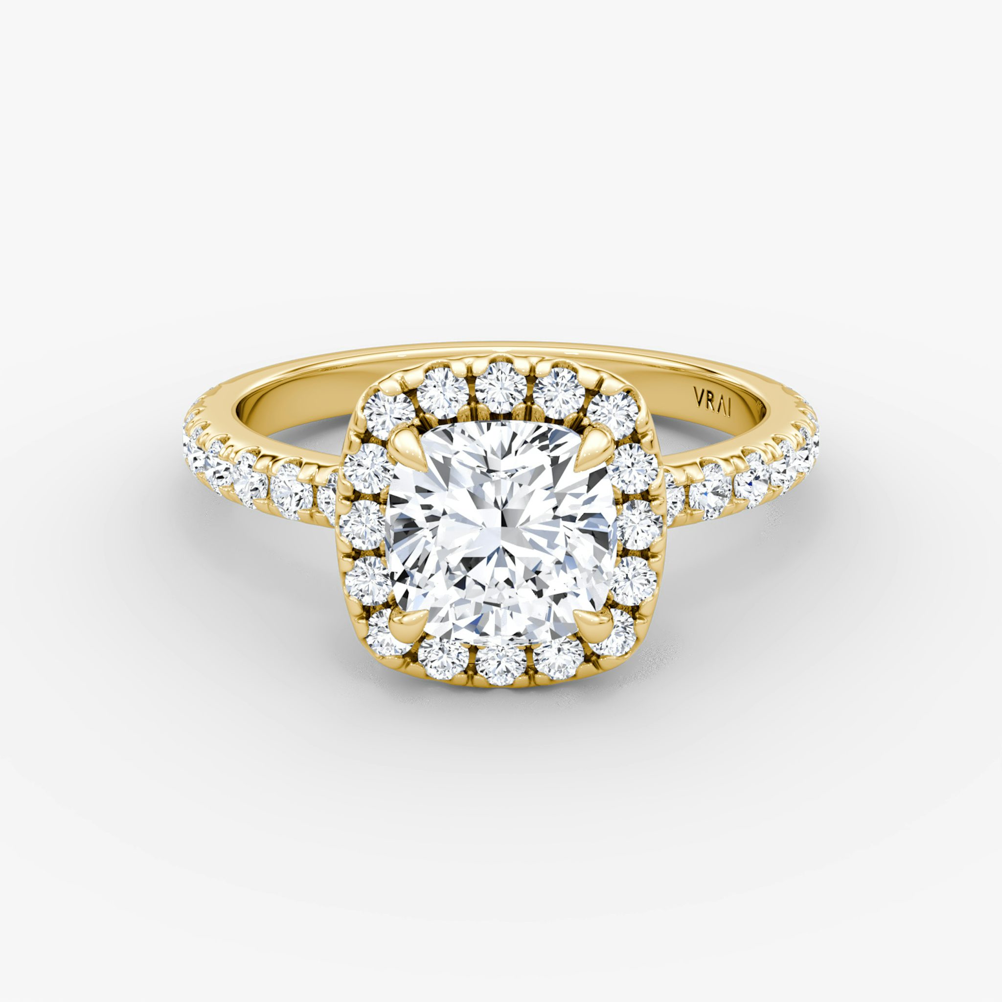 The Halo | Cushion | 18k | Yellow Gold | bandAccent: Pavé | haloSize: large | diamondOrientation: vertical | caratWeight: other
