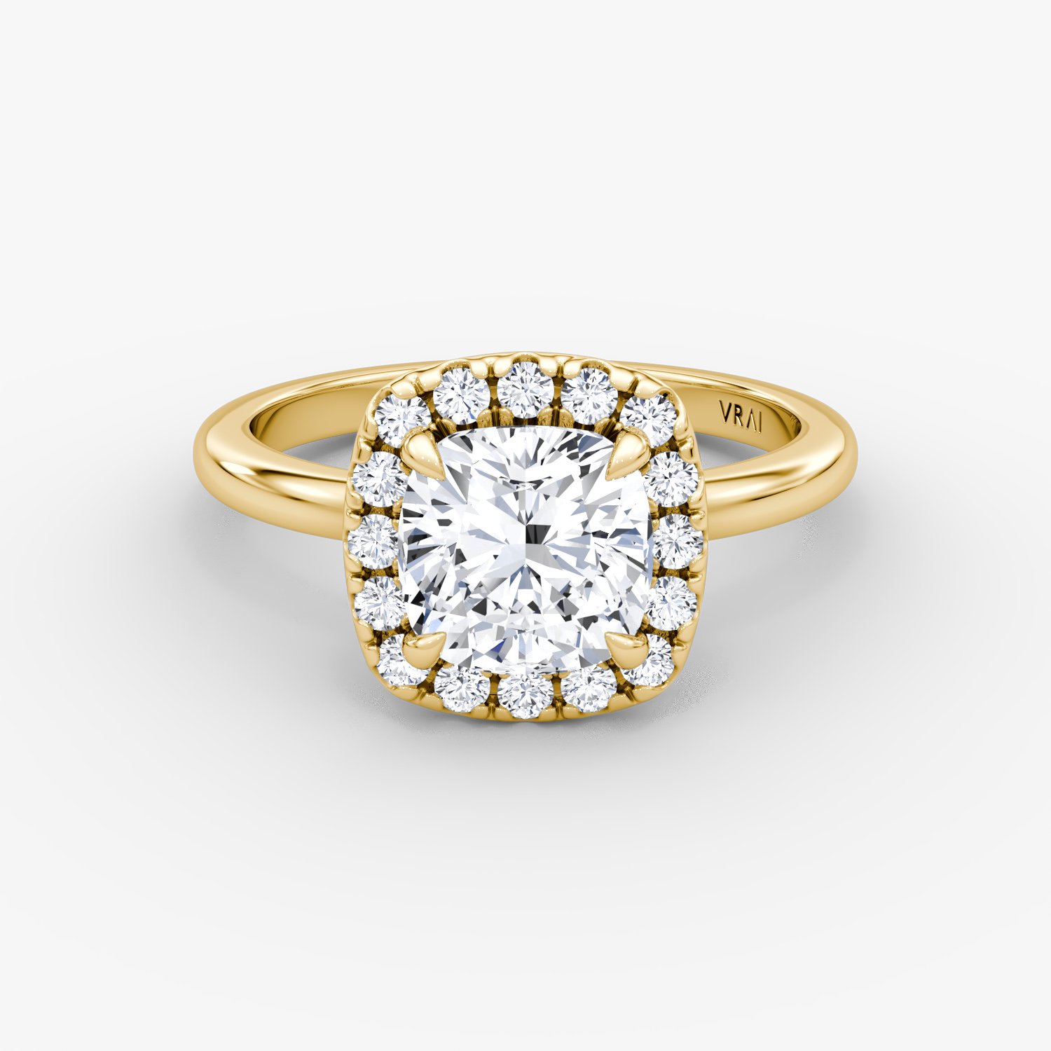The Halo | Cushion | 18k | Yellow Gold | bandAccent: Plain | haloSize: large | diamondOrientation: vertical | caratWeight: other