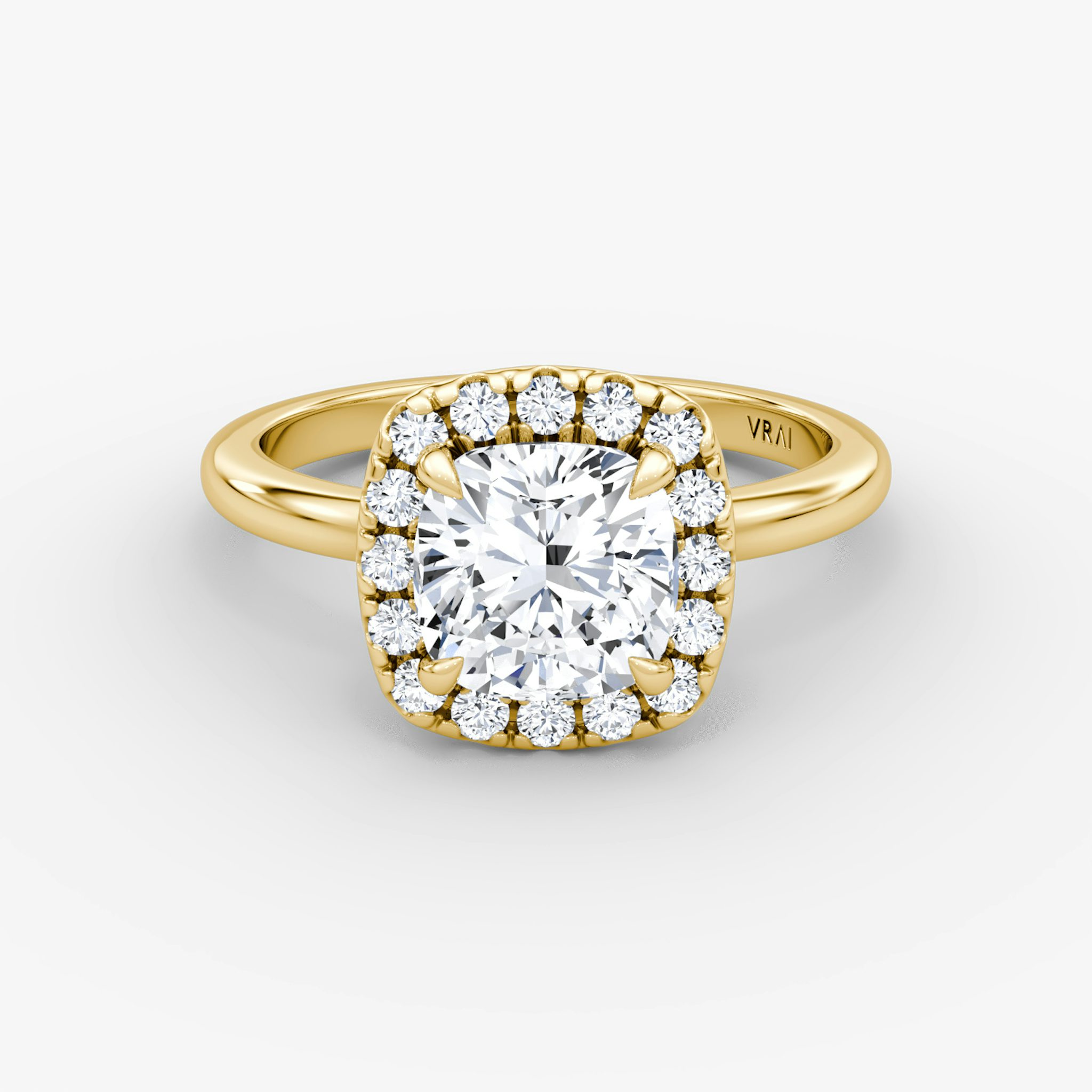 The Halo | Cushion | 18k | Yellow Gold | bandAccent: Plain | haloSize: large | diamondOrientation: vertical | caratWeight: other