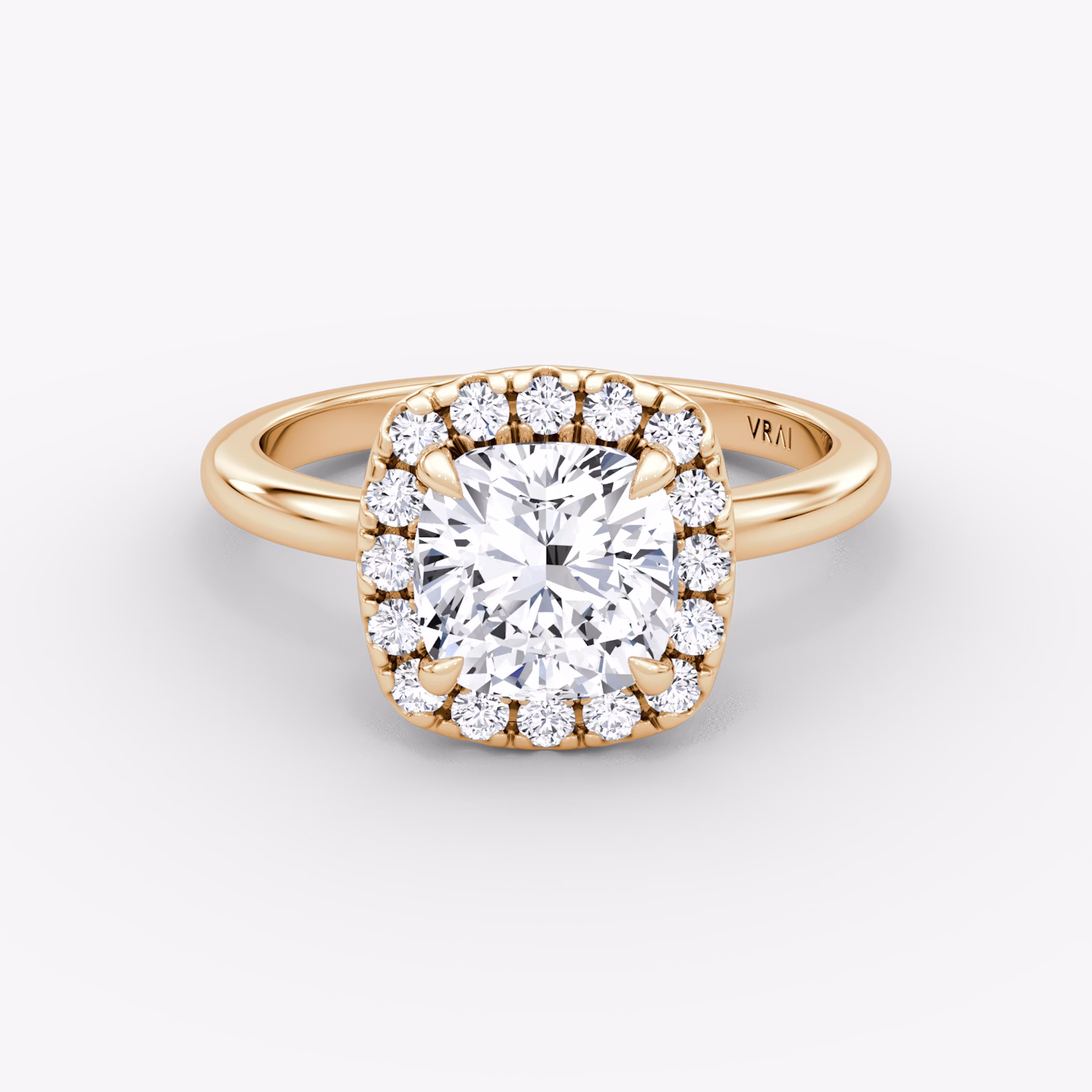 Anillo de compromiso Halo | Cojín | 14k | Oro rosa | bandAccent: Simple | haloSize: large | diamondOrientation: vertical | caratWeight: other