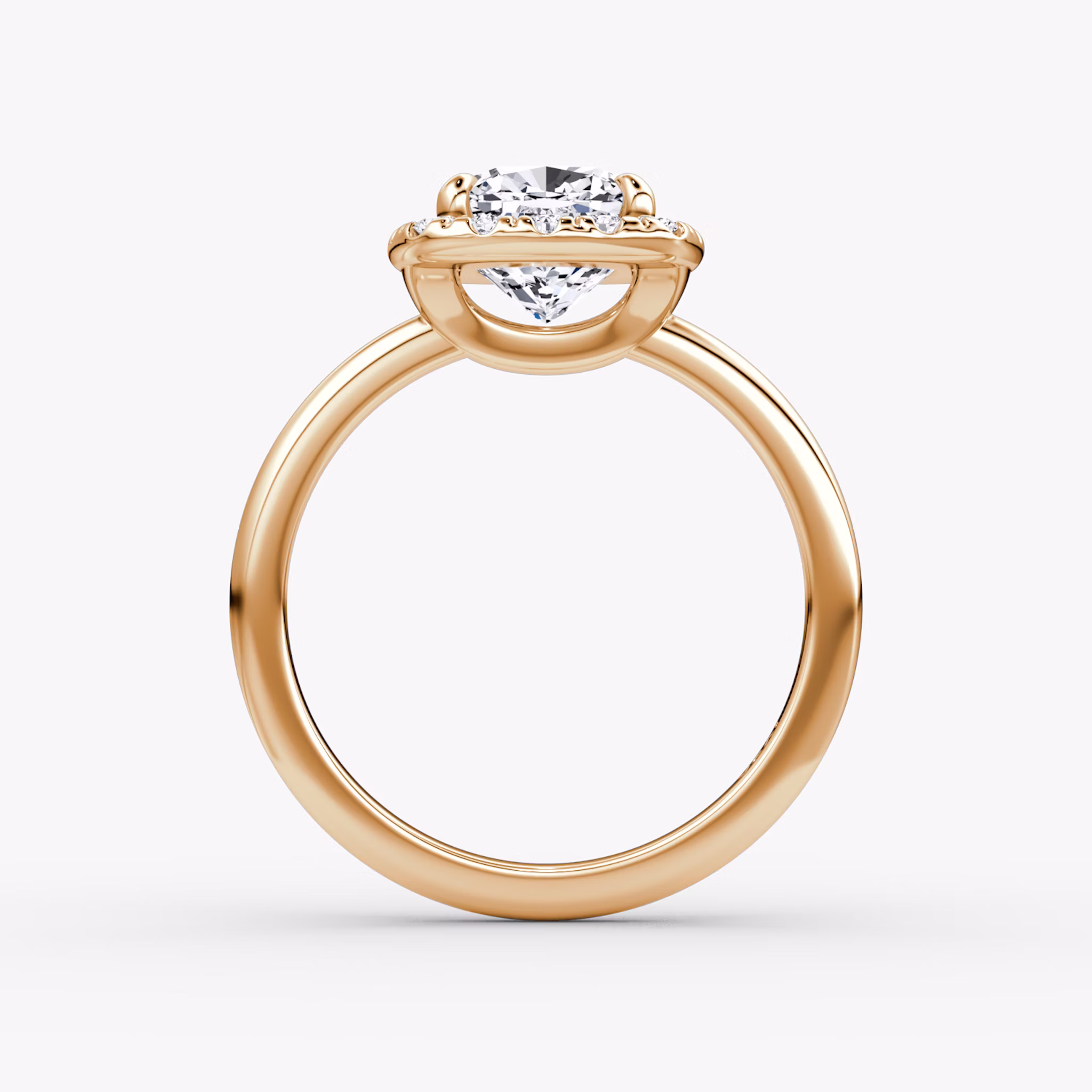 Anillo de compromiso Halo | Cojín | 14k | Oro rosa | bandAccent: Simple | haloSize: large | diamondOrientation: vertical | caratWeight: other