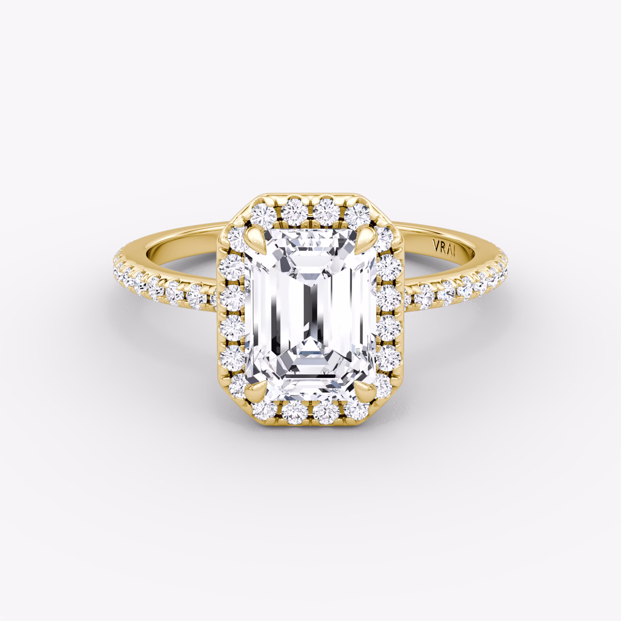 The Halo | Emerald | 18k | Yellow Gold | bandAccent: Pavé | haloSize: original | diamondOrientation: vertical | caratWeight: other