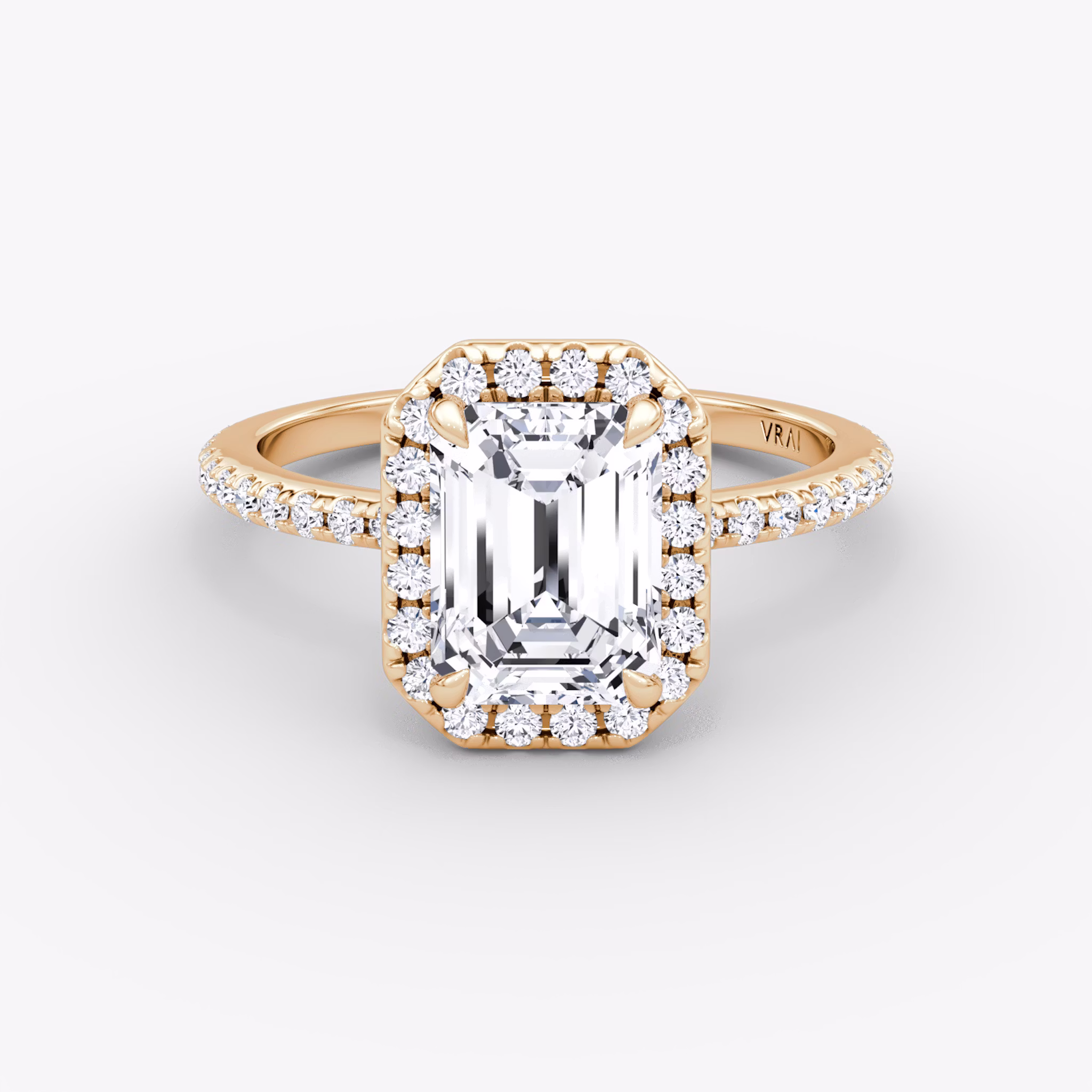 The Halo | Emerald | 14k | Rose Gold | bandAccent: Pavé | haloSize: original | diamondOrientation: vertical | caratWeight: other