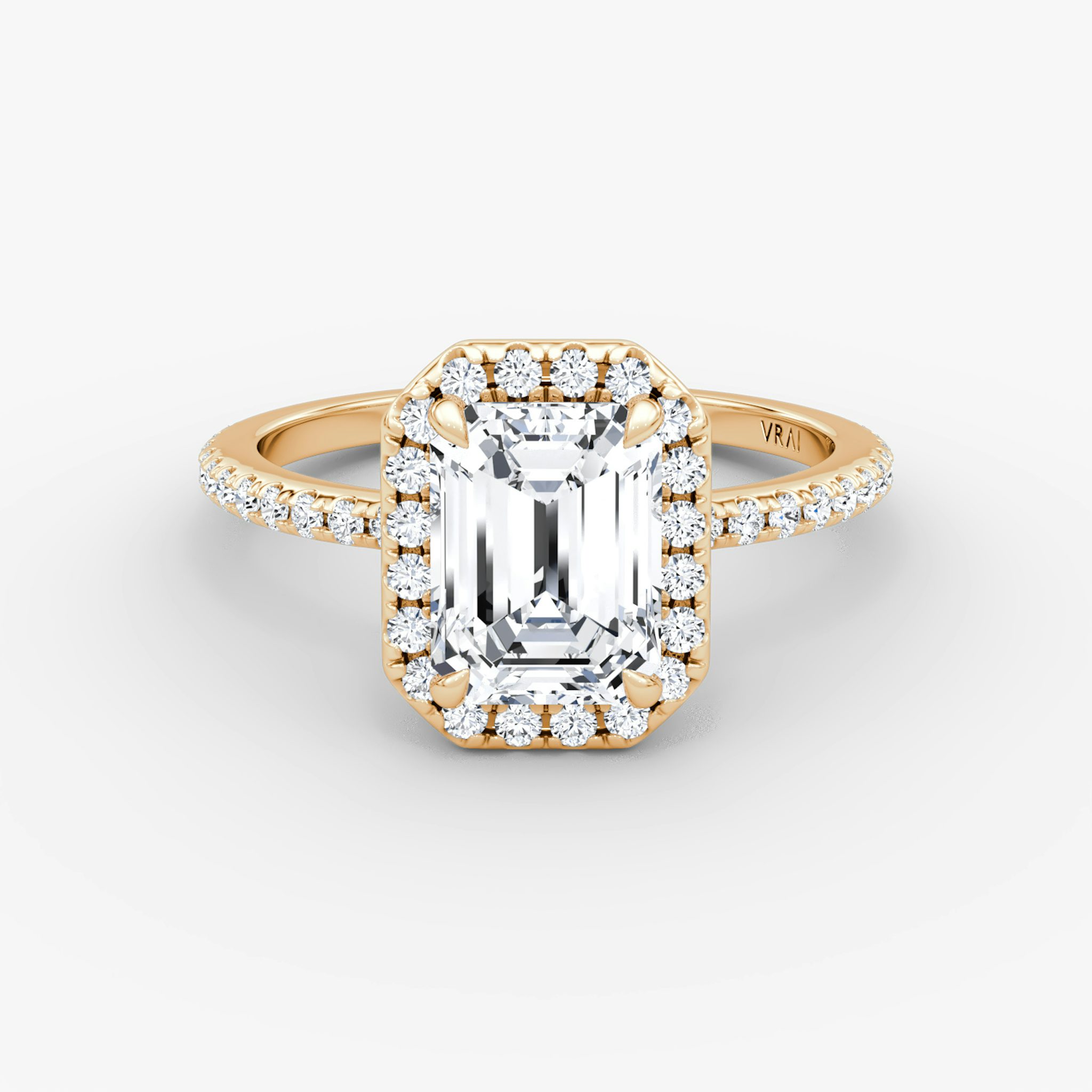 The Halo | Emerald | 14k | Rose Gold | bandAccent: Pavé | haloSize: original | diamondOrientation: vertical | caratWeight: other