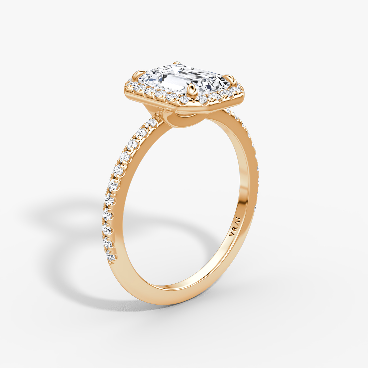 The Halo | Emerald | 14k | Rose Gold | bandAccent: Pavé | haloSize: original | diamondOrientation: vertical | caratWeight: other