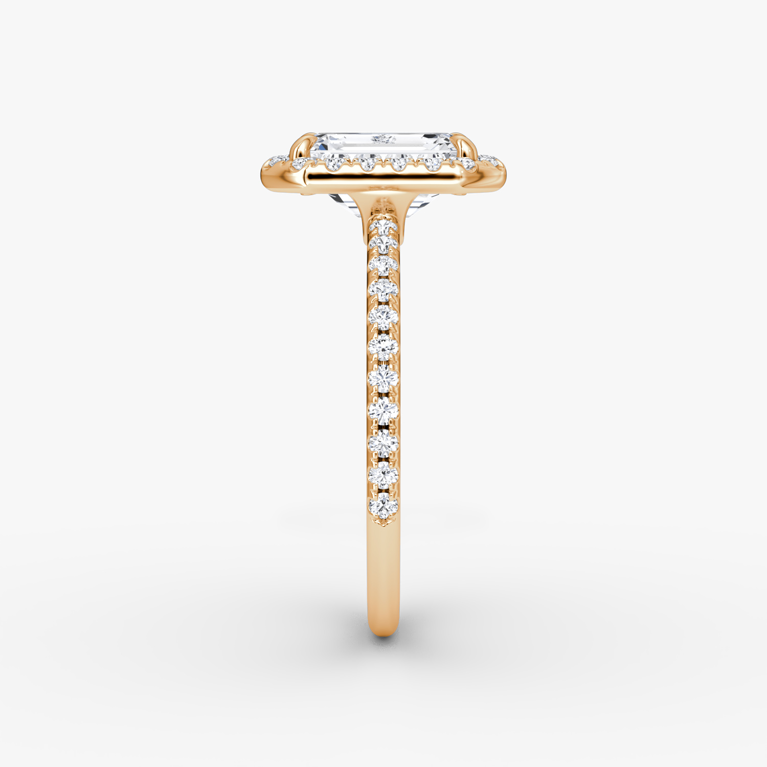 The Halo | Emerald | 14k | Rose Gold | bandAccent: Pavé | haloSize: original | diamondOrientation: vertical | caratWeight: other