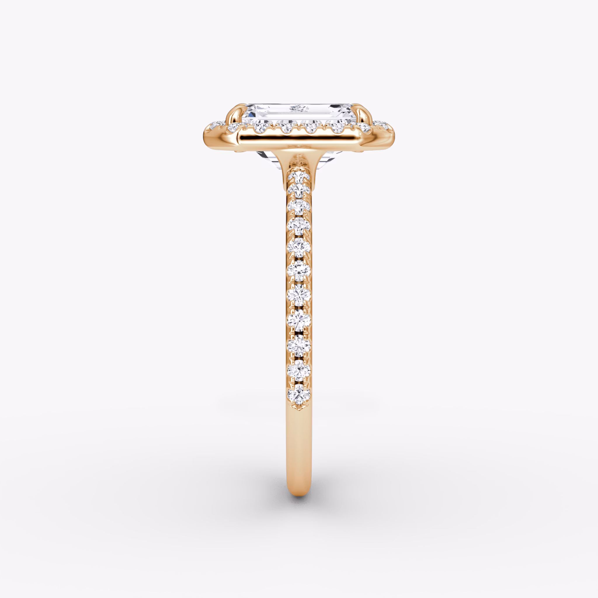 The Halo | Emerald | 14k | Rose Gold | bandAccent: Pavé | haloSize: original | diamondOrientation: vertical | caratWeight: other