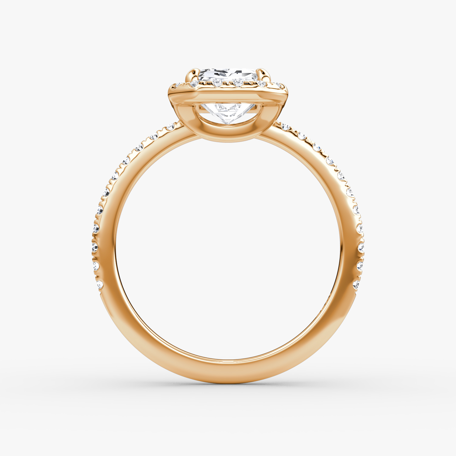 The Halo | Emerald | 14k | Rose Gold | bandAccent: Pavé | haloSize: original | diamondOrientation: vertical | caratWeight: other