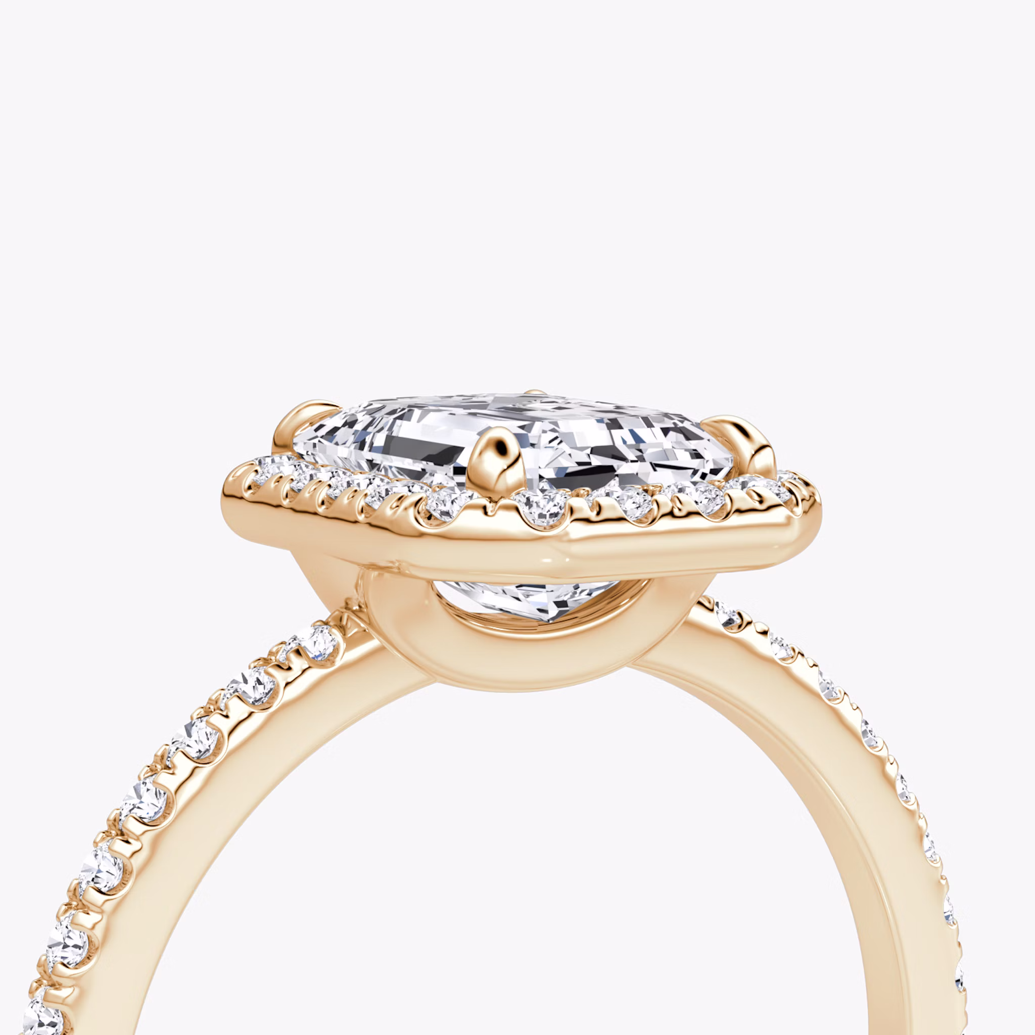 The Halo | Emerald | 14k | Rose Gold | bandAccent: Pavé | haloSize: original | diamondOrientation: vertical | caratWeight: other