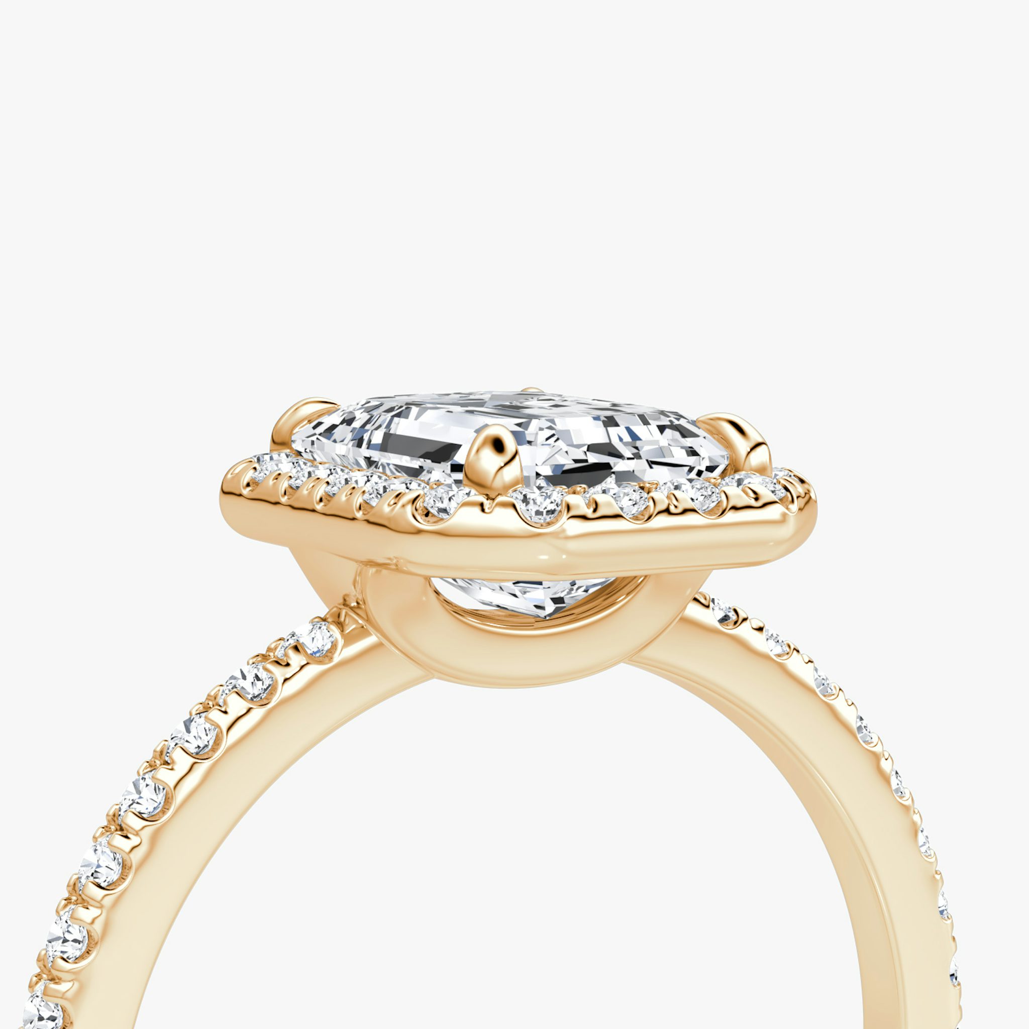 The Halo | Emerald | 14k | Rose Gold | bandAccent: Pavé | haloSize: original | diamondOrientation: vertical | caratWeight: other