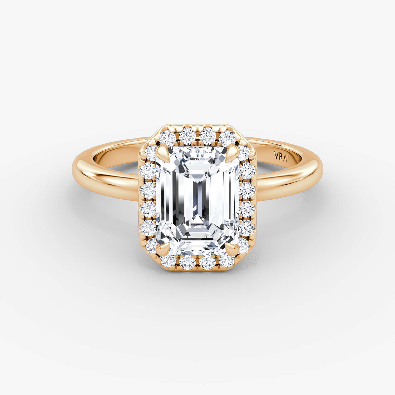 Anillo de compromiso Halo | Esmeralda | 14k | Oro rosa | bandAccent: Simple | haloSize: original | diamondOrientation: vertical | caratWeight: other