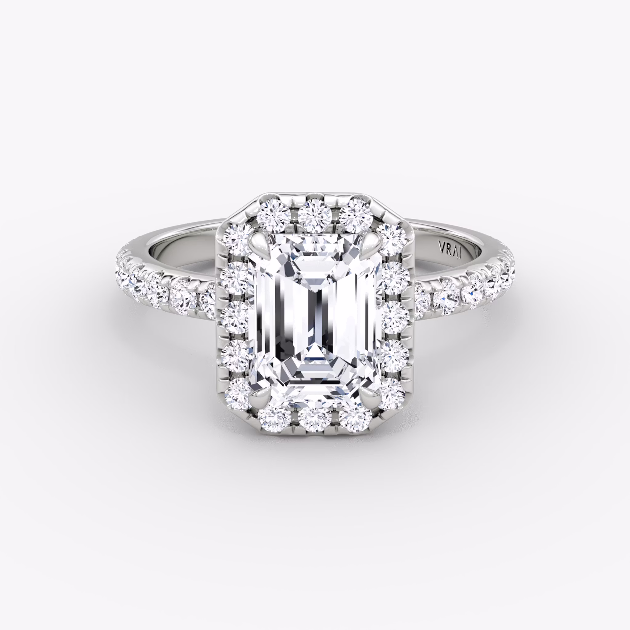 The Halo | Emerald | 18k | White Gold | bandAccent: Pavé | haloSize: large | diamondOrientation: vertical | caratWeight: other