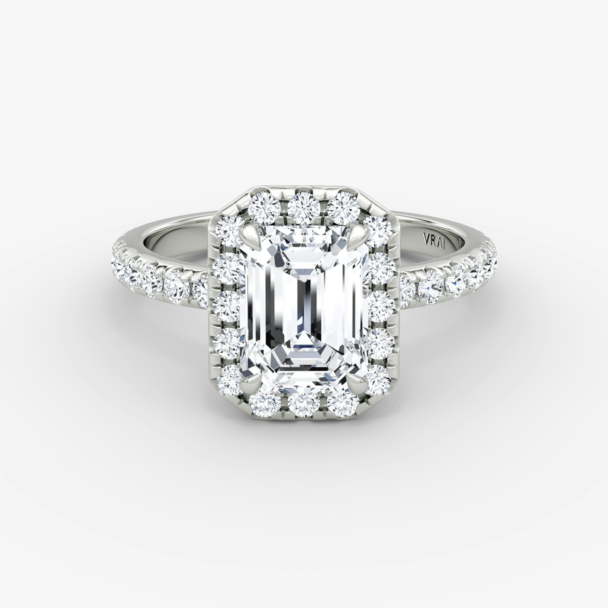 The Halo | Emerald | 18k | White Gold | bandAccent: Pavé | haloSize: large | diamondOrientation: vertical | caratWeight: other