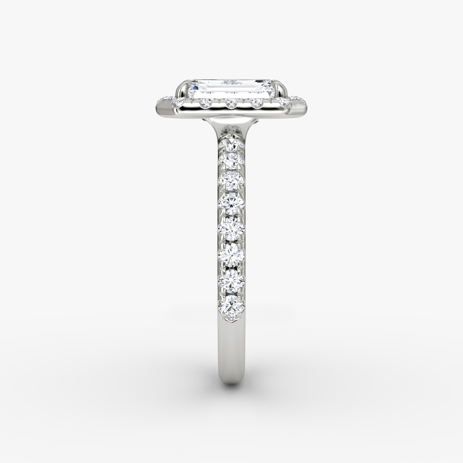 The Halo | Emerald | 18k | White Gold | bandAccent: Pavé | haloSize: large | diamondOrientation: vertical | caratWeight: other