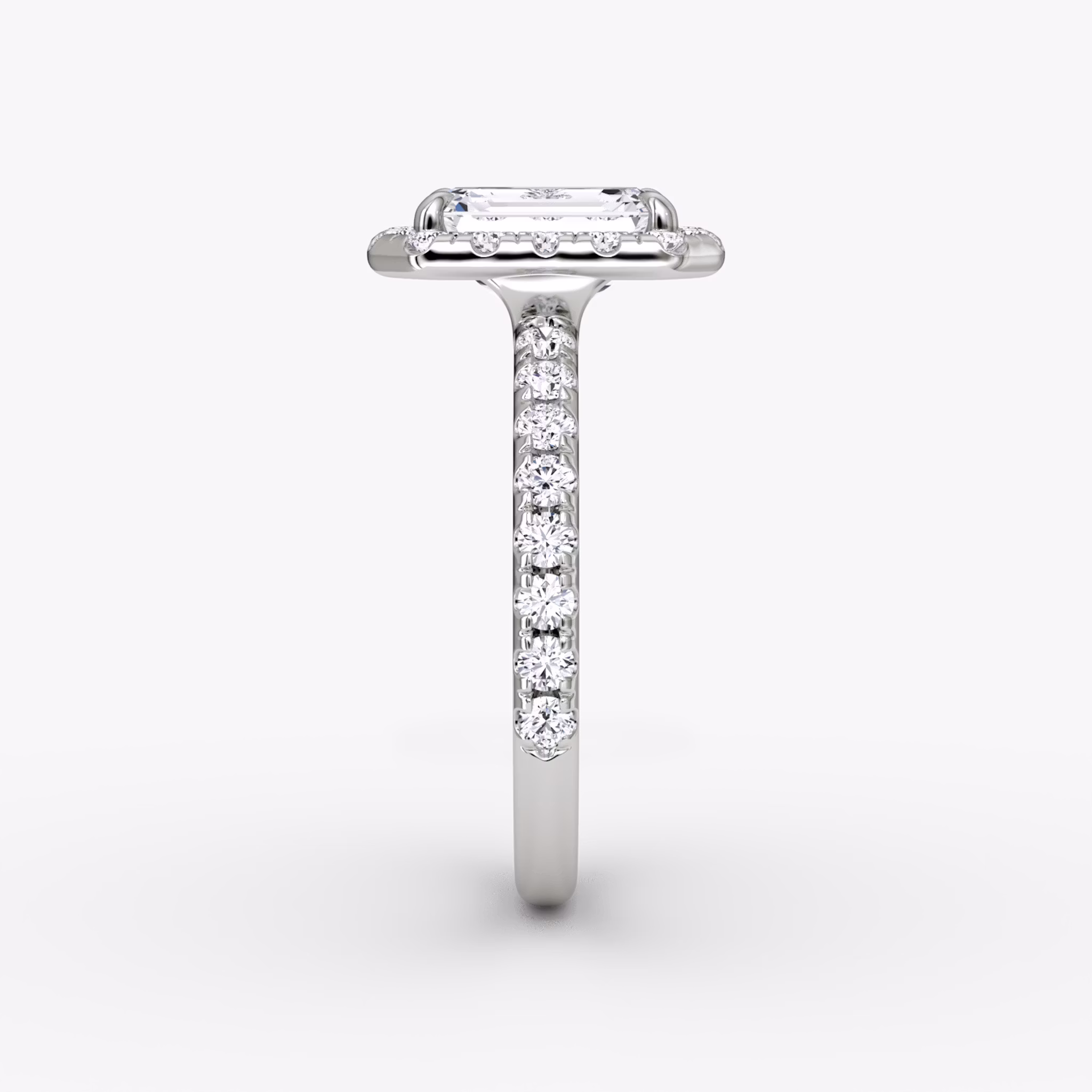 The Halo | Emerald | 18k | White Gold | bandAccent: Pavé | haloSize: large | diamondOrientation: vertical | caratWeight: other
