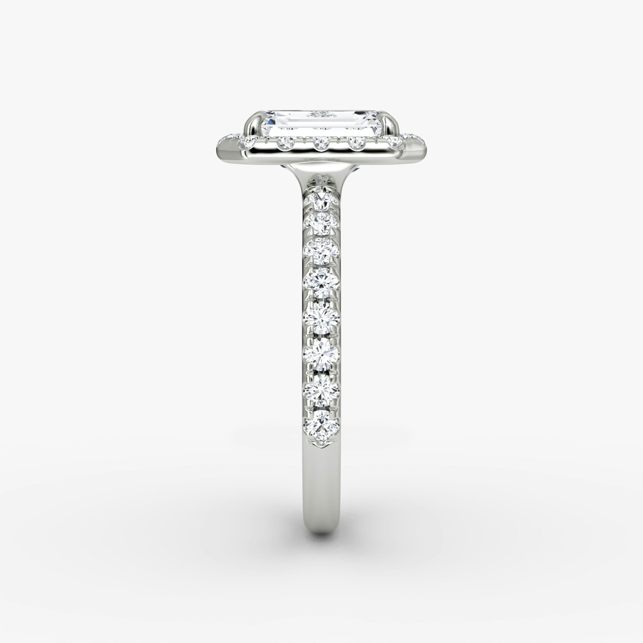 The Halo | Emerald | 18k | White Gold | bandAccent: Pavé | haloSize: large | diamondOrientation: vertical | caratWeight: other
