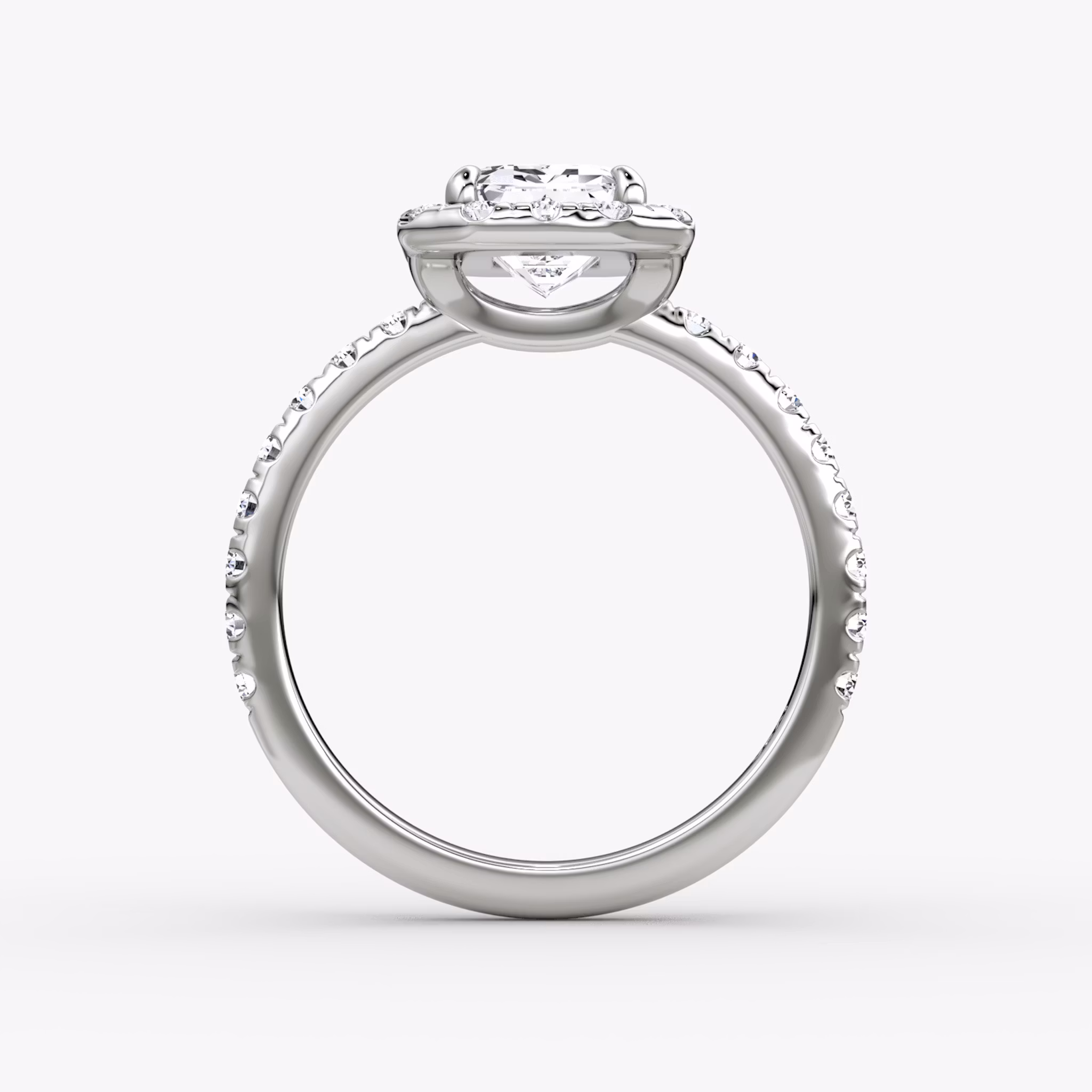 The Halo | Emerald | 18k | White Gold | bandAccent: Pavé | haloSize: large | diamondOrientation: vertical | caratWeight: other
