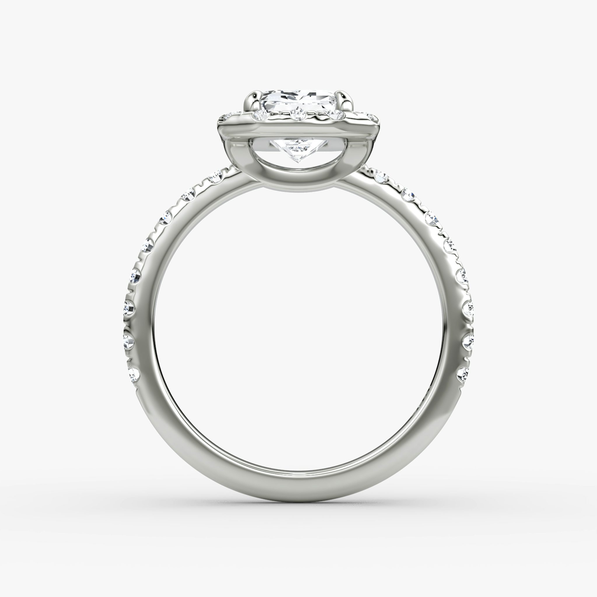 The Halo | Emerald | 18k | White Gold | bandAccent: Pavé | haloSize: large | diamondOrientation: vertical | caratWeight: other