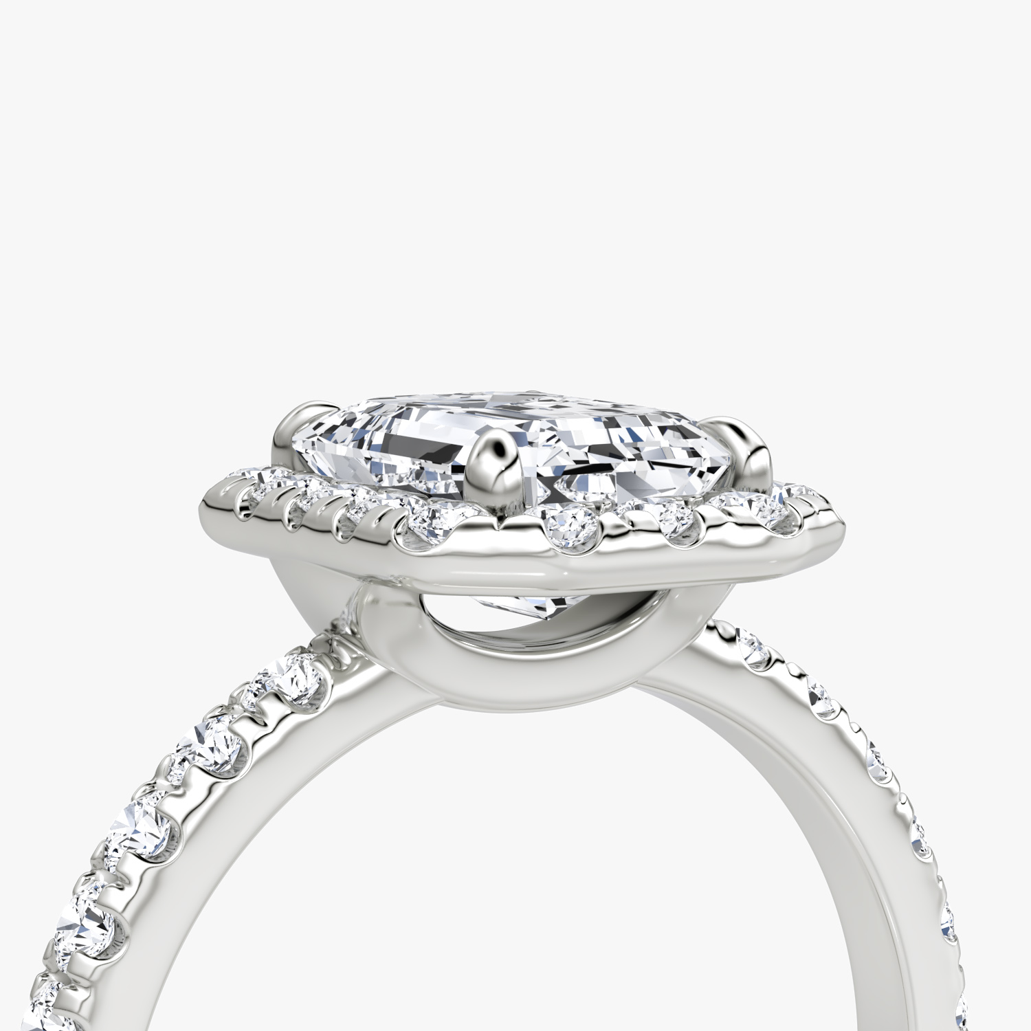 The Halo | Emerald | 18k | White Gold | bandAccent: Pavé | haloSize: large | diamondOrientation: vertical | caratWeight: other