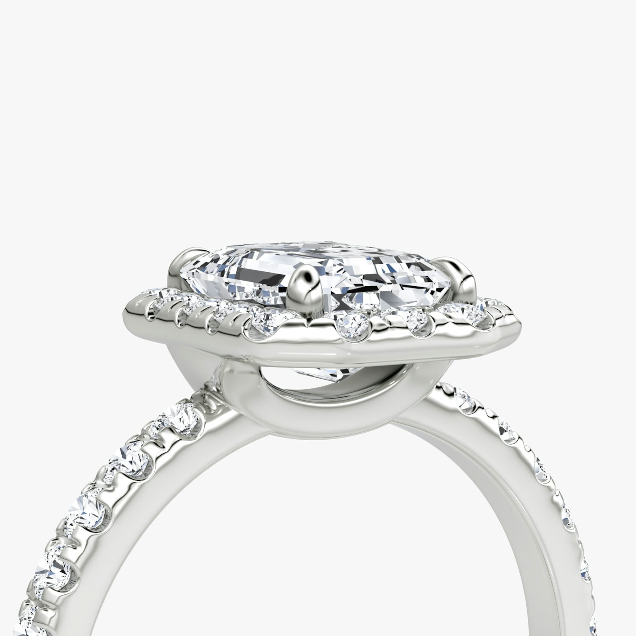 The Halo | Emerald | 18k | White Gold | bandAccent: Pavé | haloSize: large | diamondOrientation: vertical | caratWeight: other