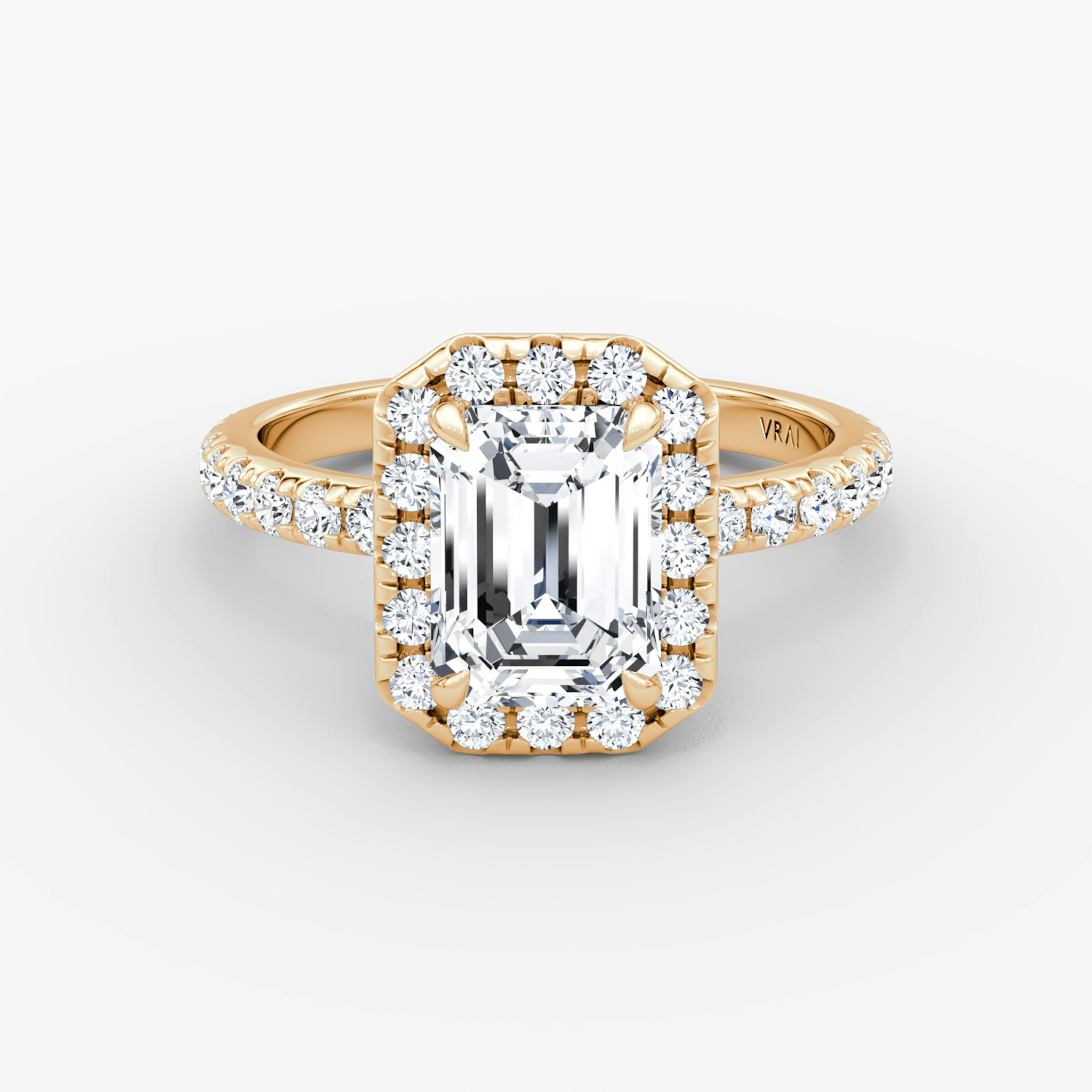 Anillo de compromiso Halo | Esmeralda | 14k | Oro rosa | bandAccent: Pavé | haloSize: large | diamondOrientation: vertical | caratWeight: other