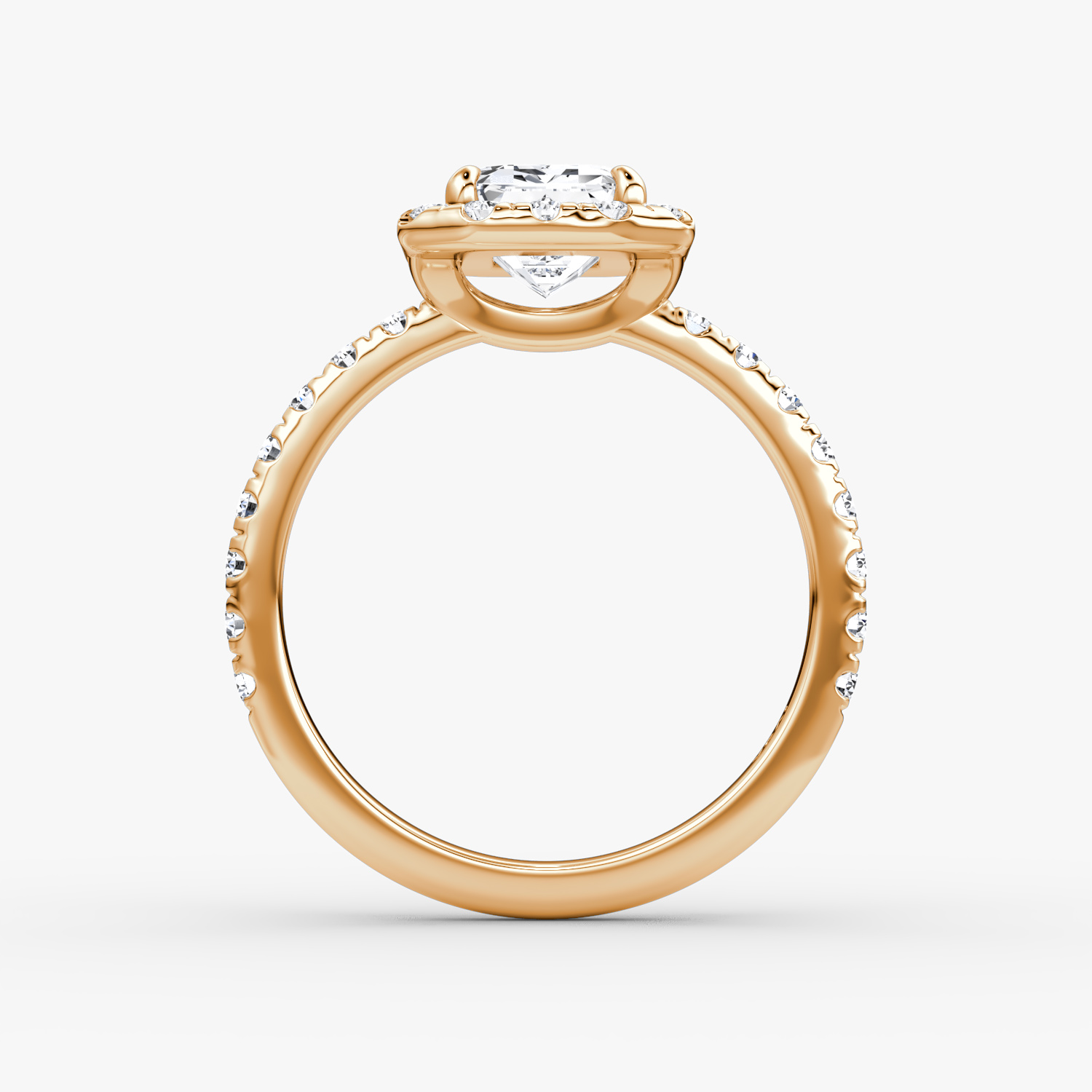 Anillo de compromiso Halo | Esmeralda | 14k | Oro rosa | bandAccent: Pavé | haloSize: large | diamondOrientation: vertical | caratWeight: other