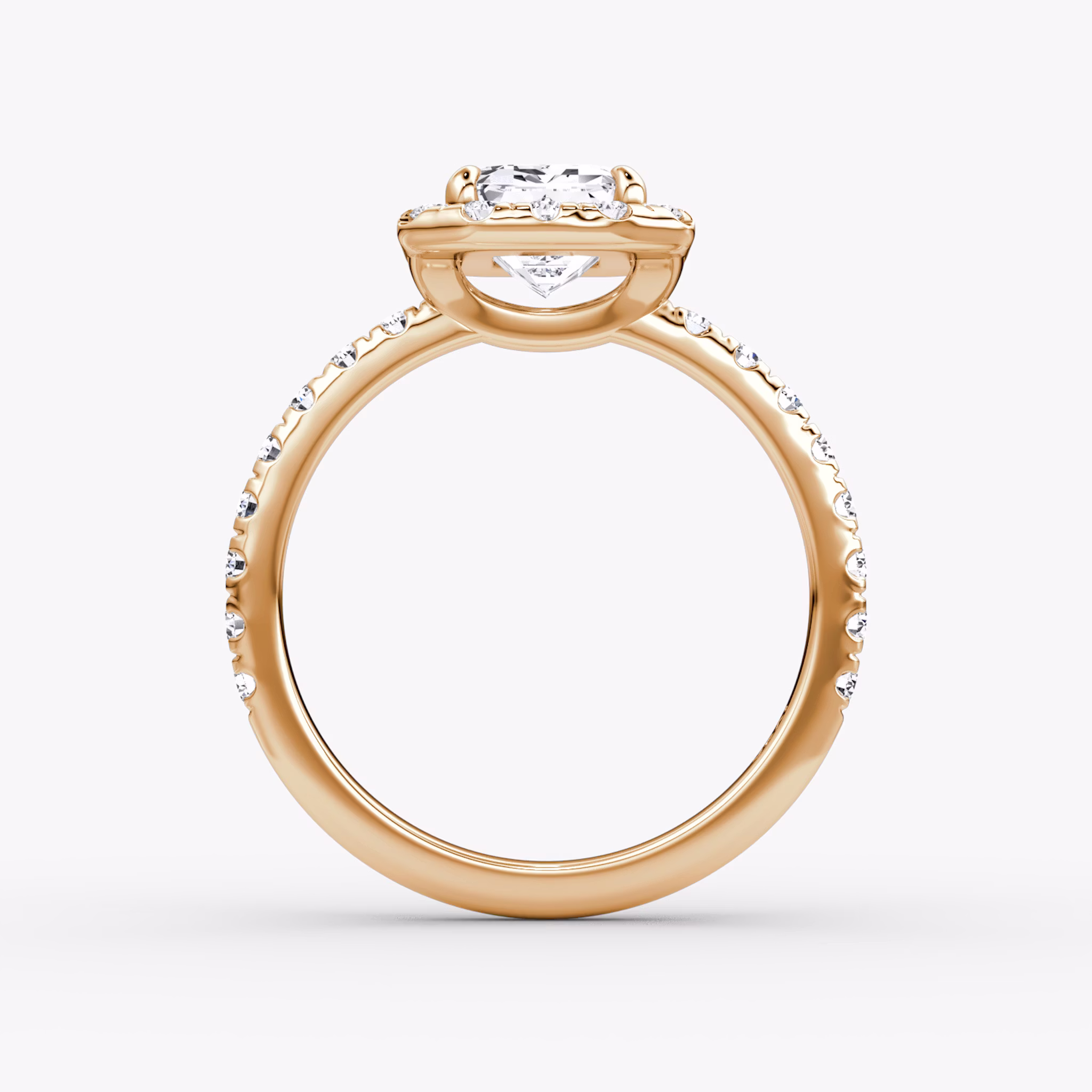 Anillo de compromiso Halo | Esmeralda | 14k | Oro rosa | bandAccent: Pavé | haloSize: large | diamondOrientation: vertical | caratWeight: other