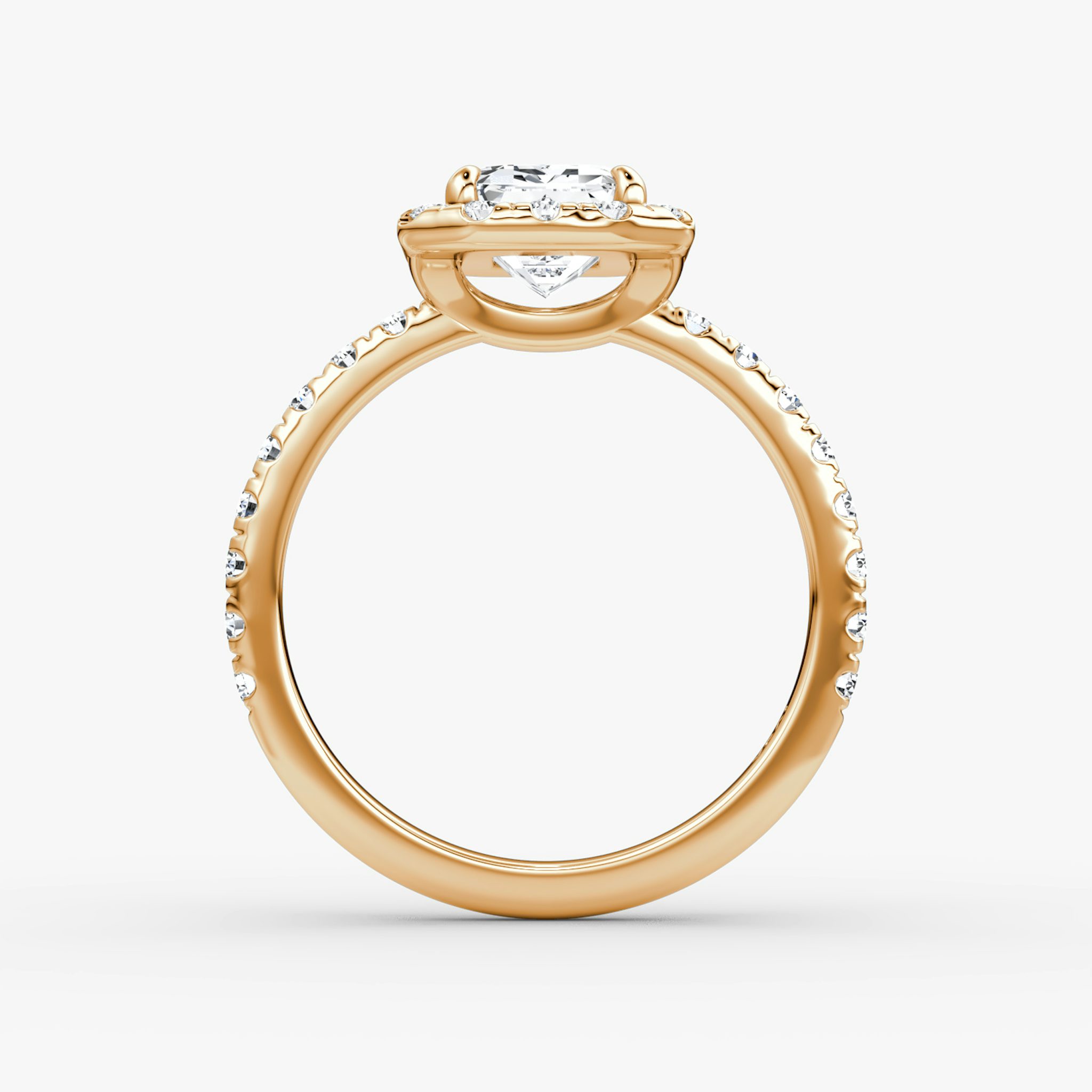 Anillo de compromiso Halo | Esmeralda | 14k | Oro rosa | bandAccent: Pavé | haloSize: large | diamondOrientation: vertical | caratWeight: other