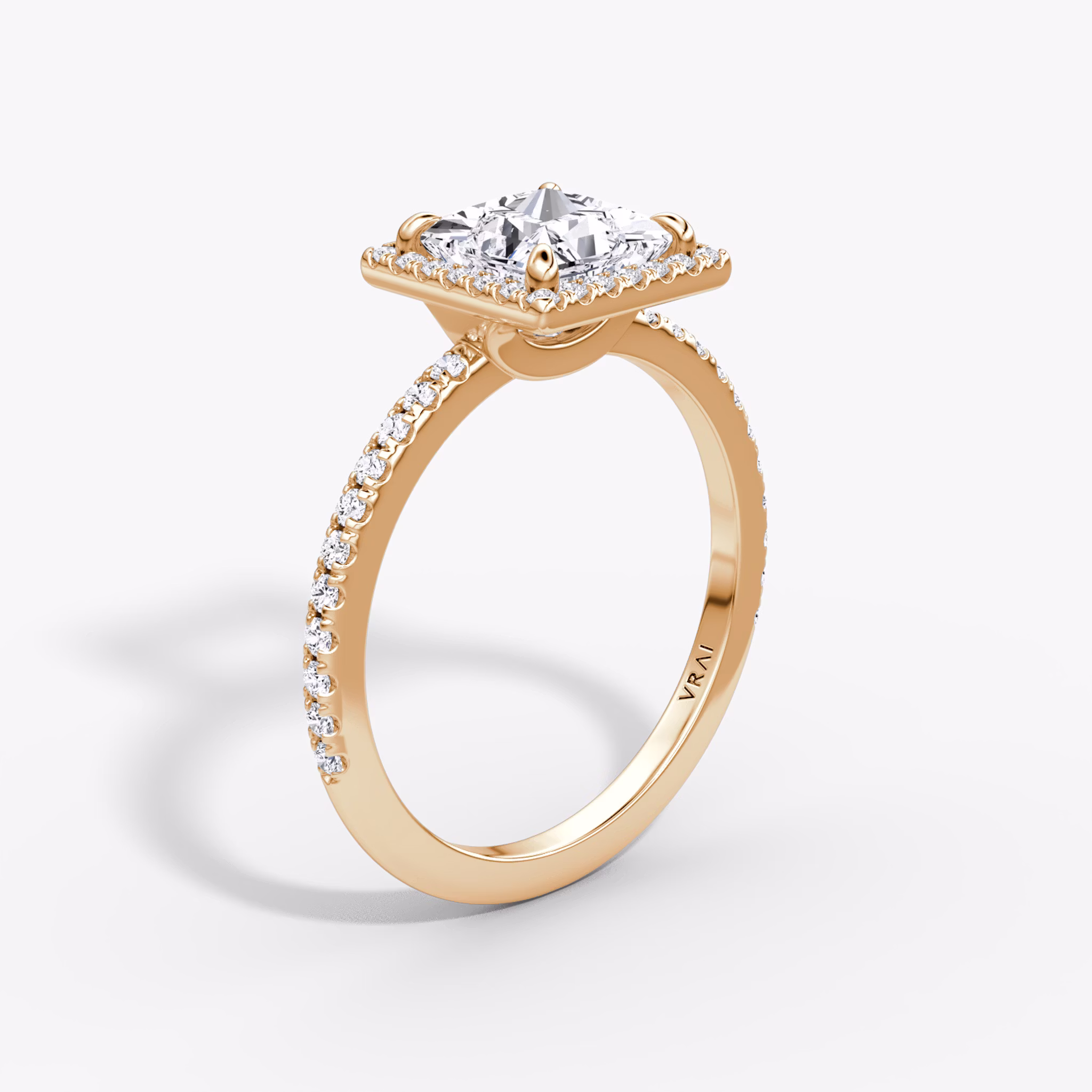The Halo | Princess | 14k | Rose Gold | bandAccent: Pavé | haloSize: original | diamondOrientation: vertical | caratWeight: other