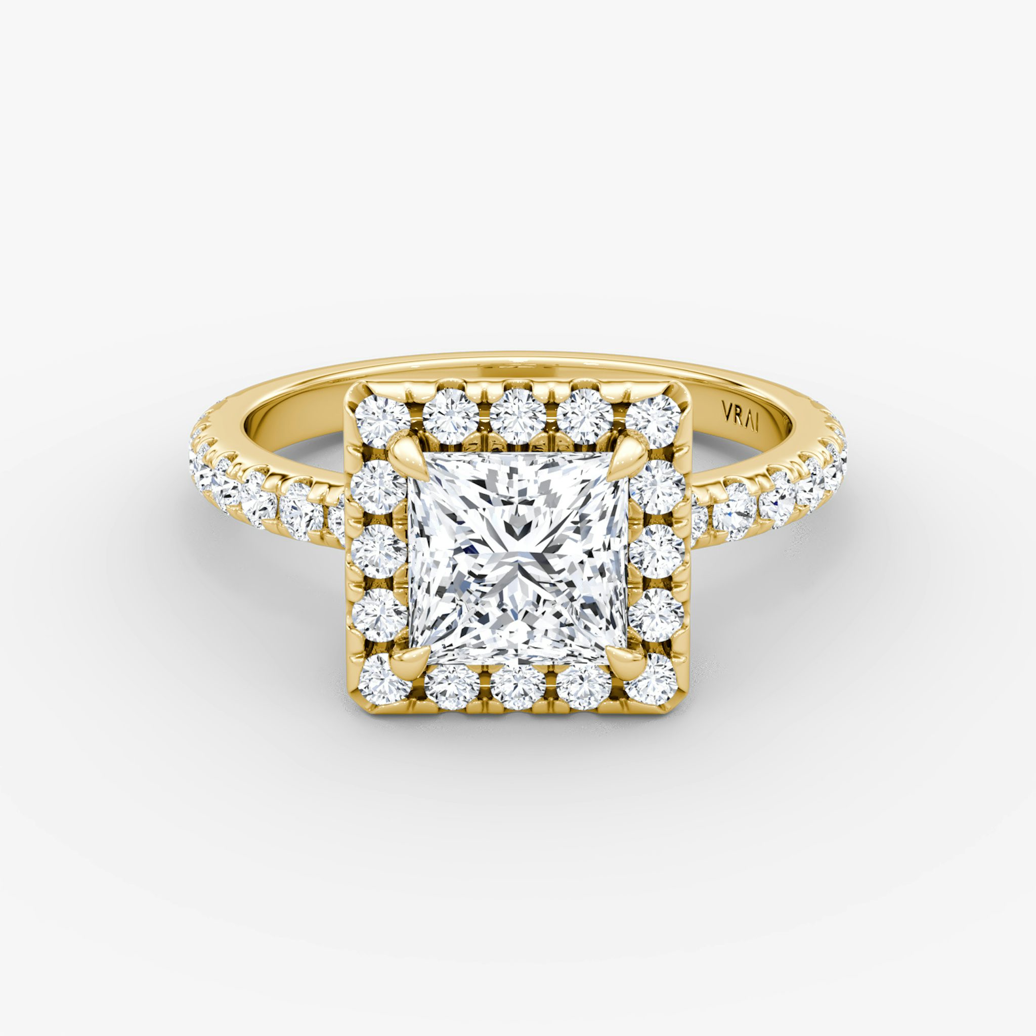 Halo | Princess | 18k | Gelbgold | bandAccent: Mit Pavé-Besatz | haloSize: large | diamondOrientation: vertical | caratWeight: other