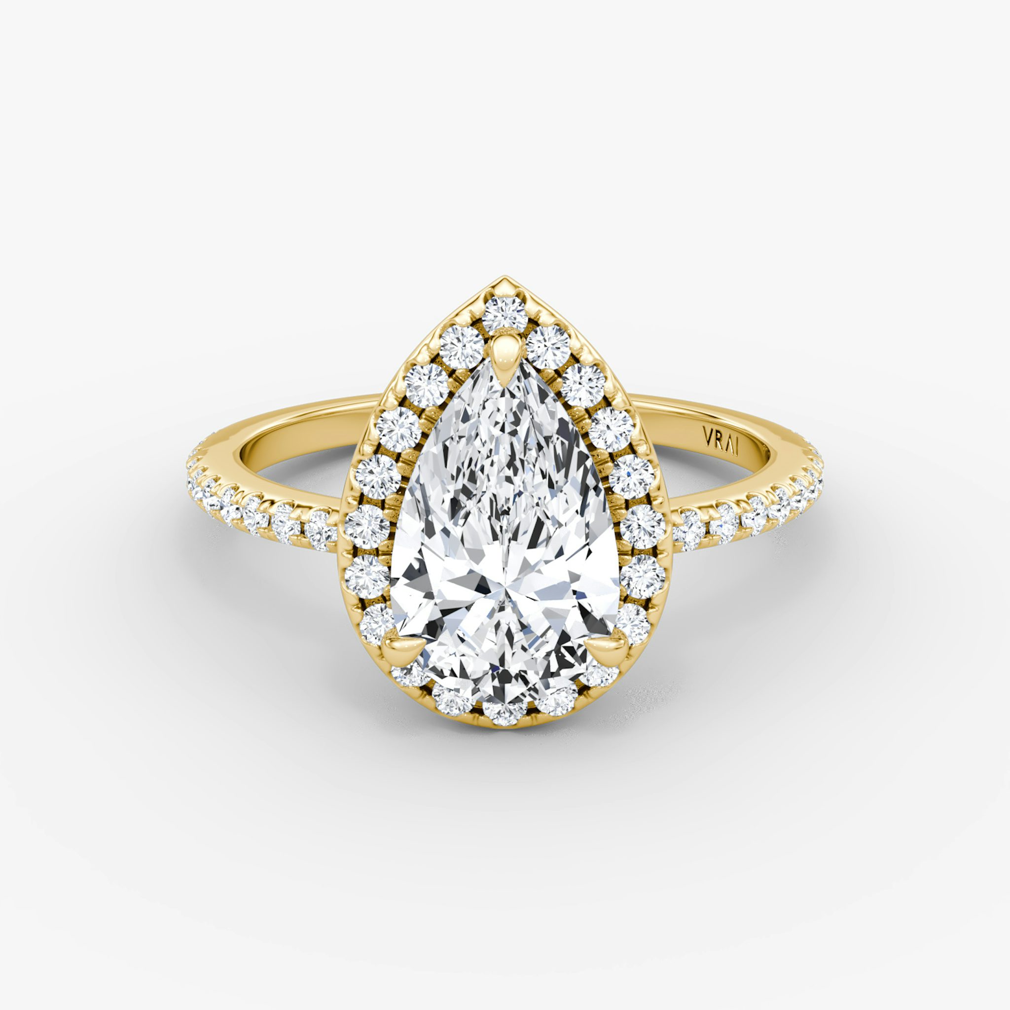 The Halo | Pear | 18k | Yellow Gold | bandAccent: Pavé | haloSize: original | diamondOrientation: vertical | caratWeight: other