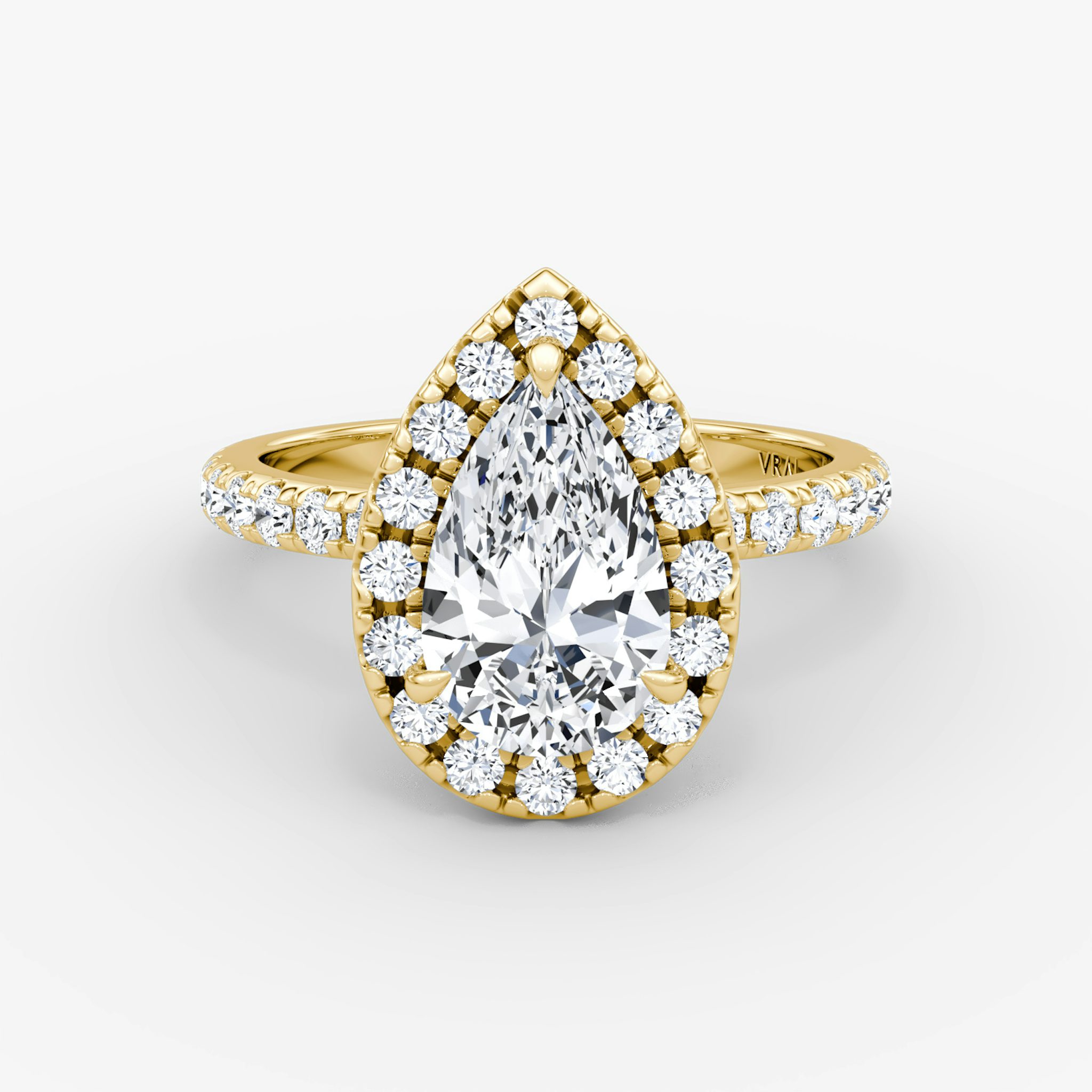 The Halo | Pear | 18k | Yellow Gold | bandAccent: Pavé | haloSize: large | diamondOrientation: vertical | caratWeight: other
