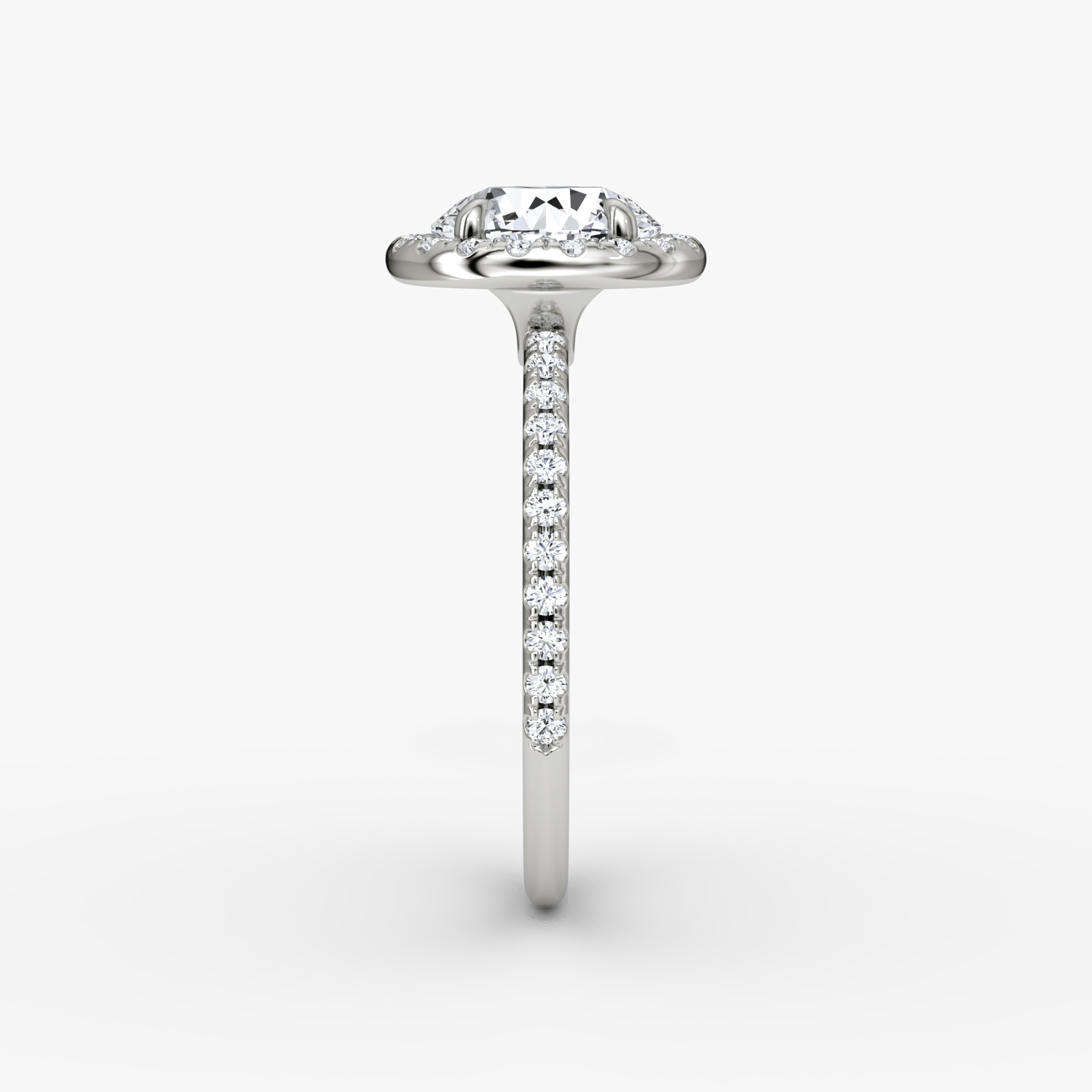 The Halo | Round Brilliant | Platinum | bandAccent: Pavé | caratWeight: 1.0ct | haloSize: original | diamondOrientation: vertical