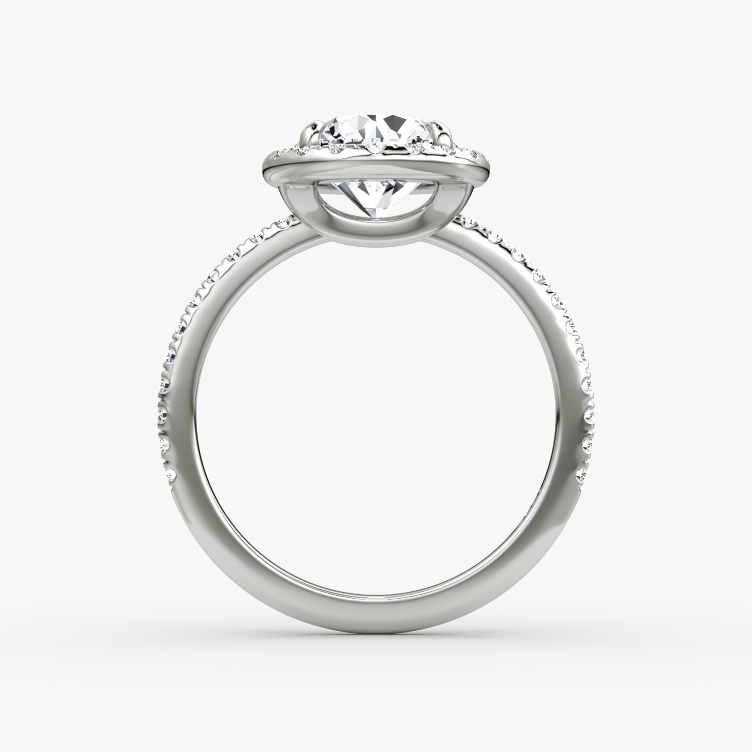 The Halo | Round Brilliant | Platinum | bandAccent: Pavé | caratWeight: 1.0ct | haloSize: original | diamondOrientation: vertical