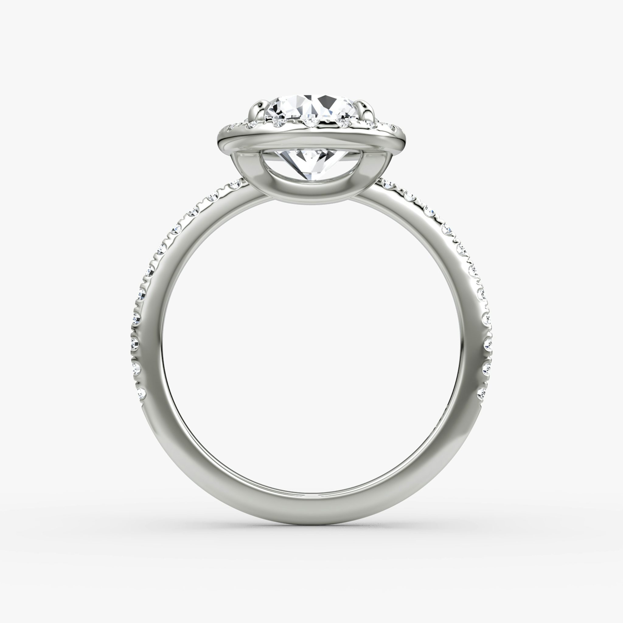 The Halo | Round Brilliant | Platinum | bandAccent: Pavé | caratWeight: 1.0ct | haloSize: original | diamondOrientation: vertical
