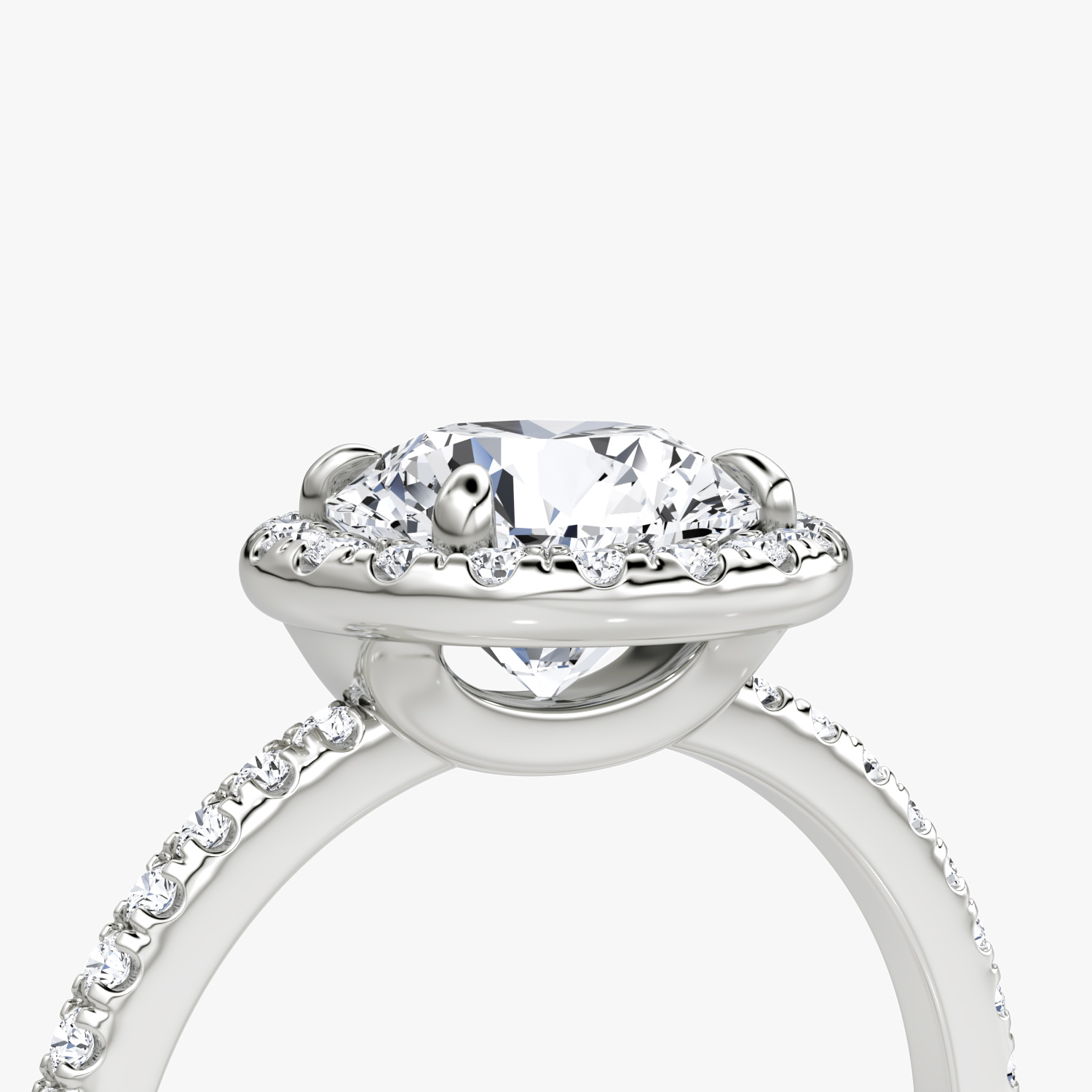 The Halo | Round Brilliant | Platinum | bandAccent: Pavé | caratWeight: 1.0ct | haloSize: original | diamondOrientation: vertical
