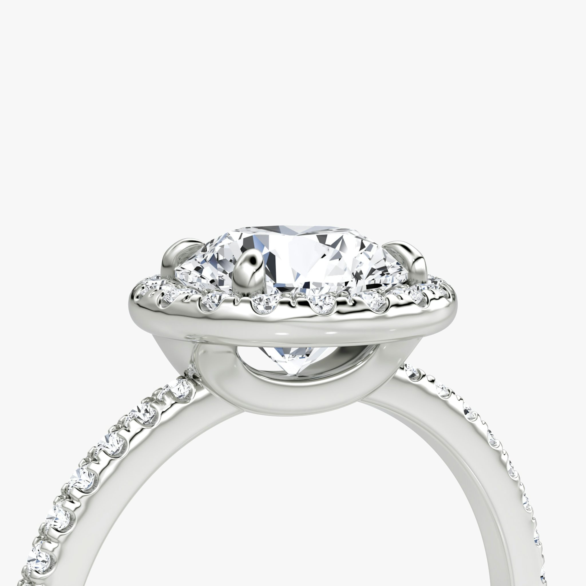 The Halo | Round Brilliant | Platinum | bandAccent: Pavé | caratWeight: 1.0ct | haloSize: original | diamondOrientation: vertical