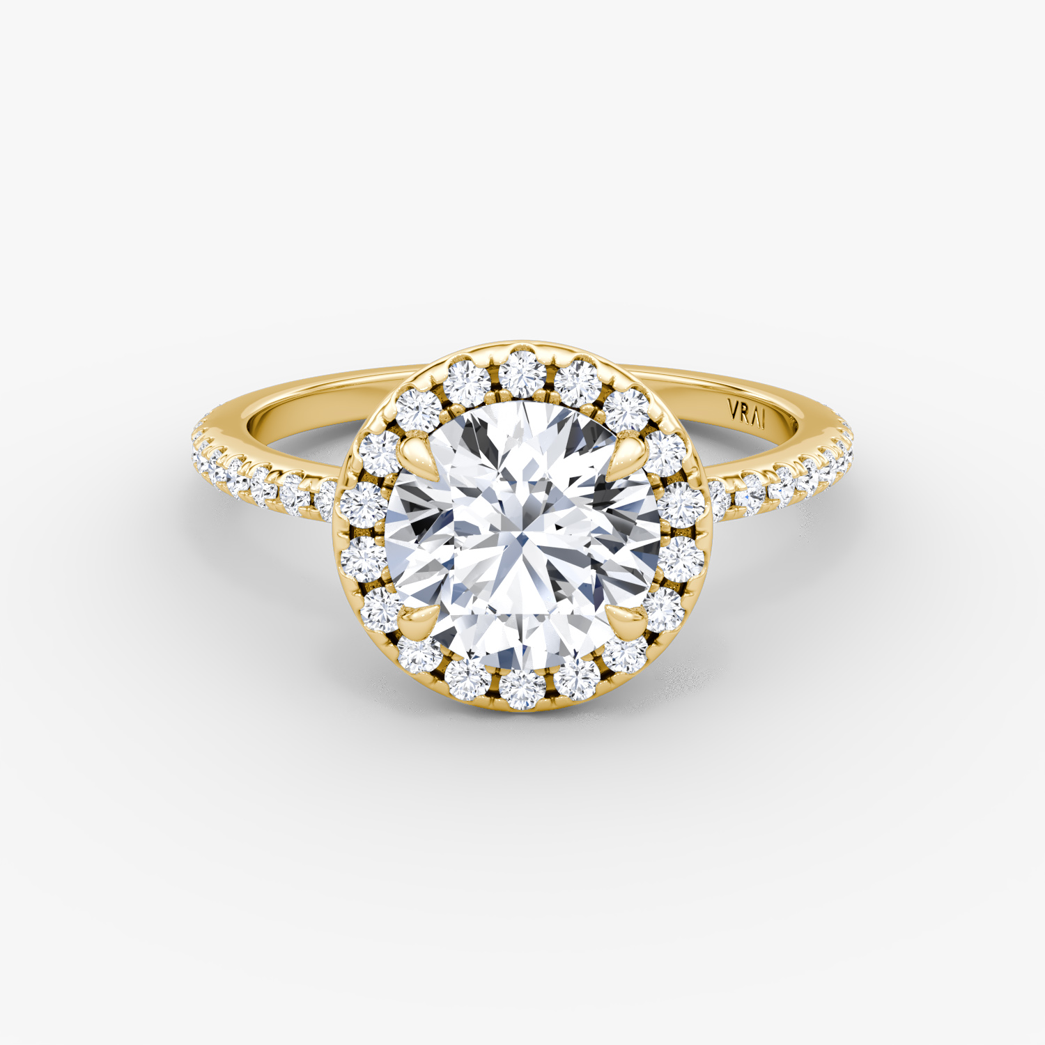 The Halo | Round Brilliant | 18k | Yellow Gold | bandAccent: Pavé | caratWeight: 2.0ct | haloSize: original | diamondOrientation: vertical