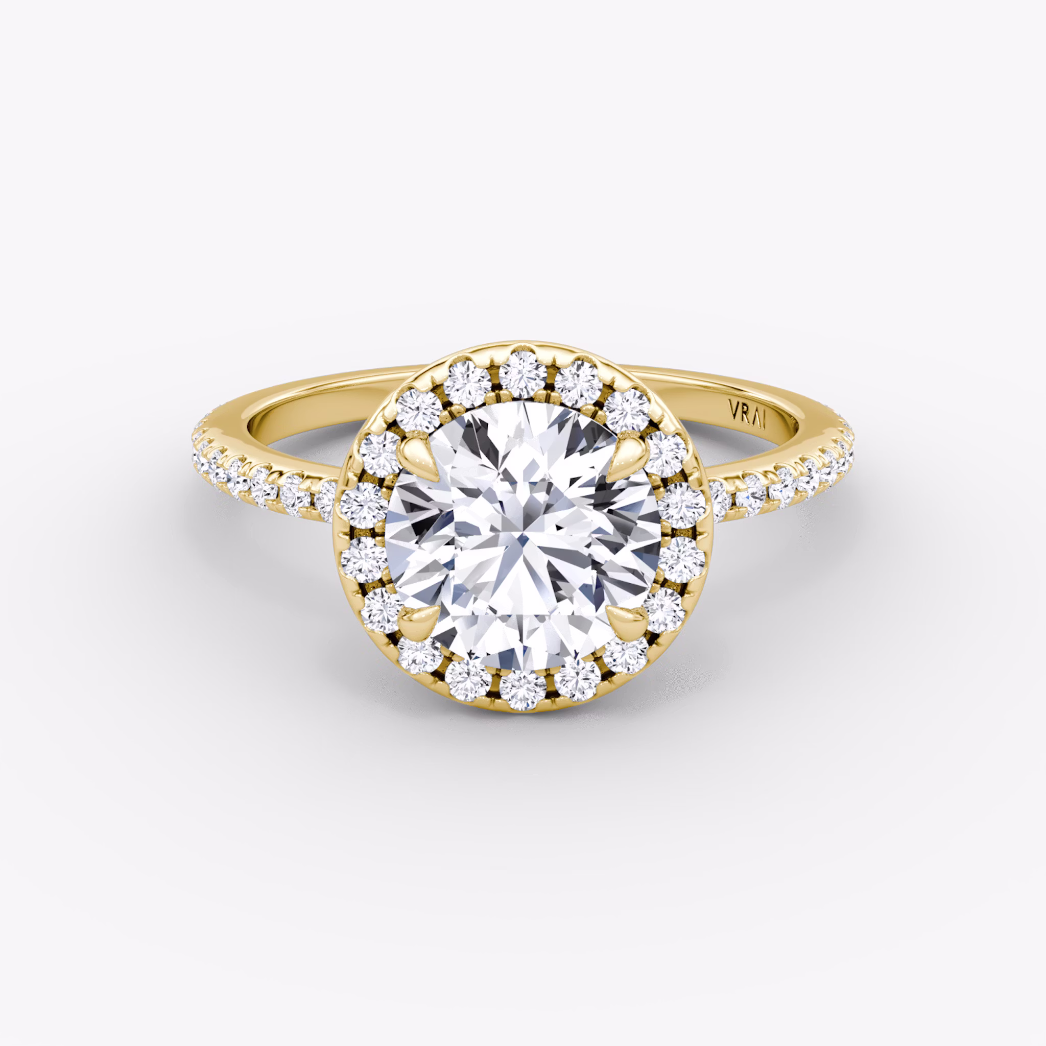 The Halo | Round Brilliant | 18k | Yellow Gold | bandAccent: Pavé | caratWeight: 2.0ct | haloSize: original | diamondOrientation: vertical