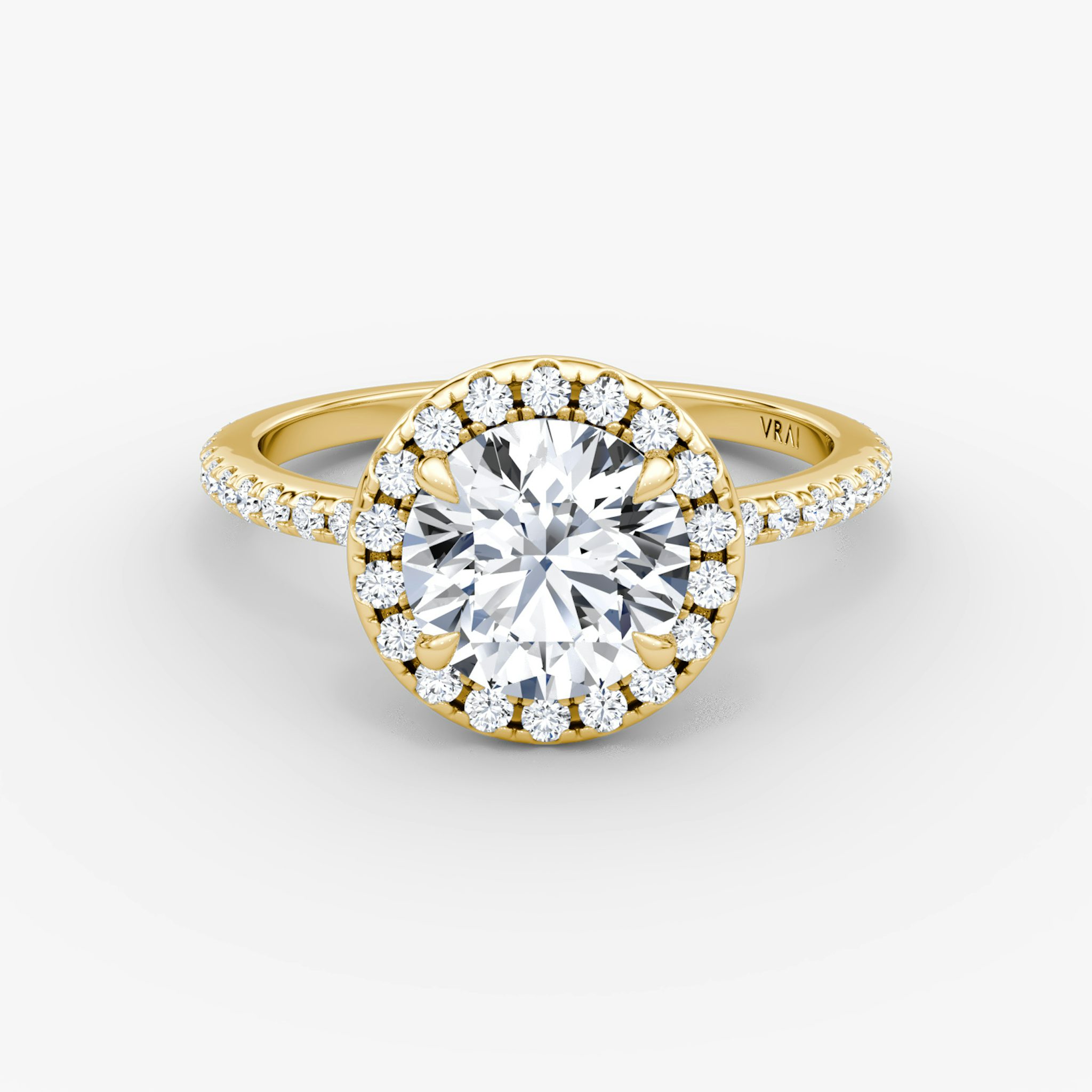 The Halo | Round Brilliant | 18k | Yellow Gold | bandAccent: Pavé | caratWeight: 2.0ct | haloSize: original | diamondOrientation: vertical