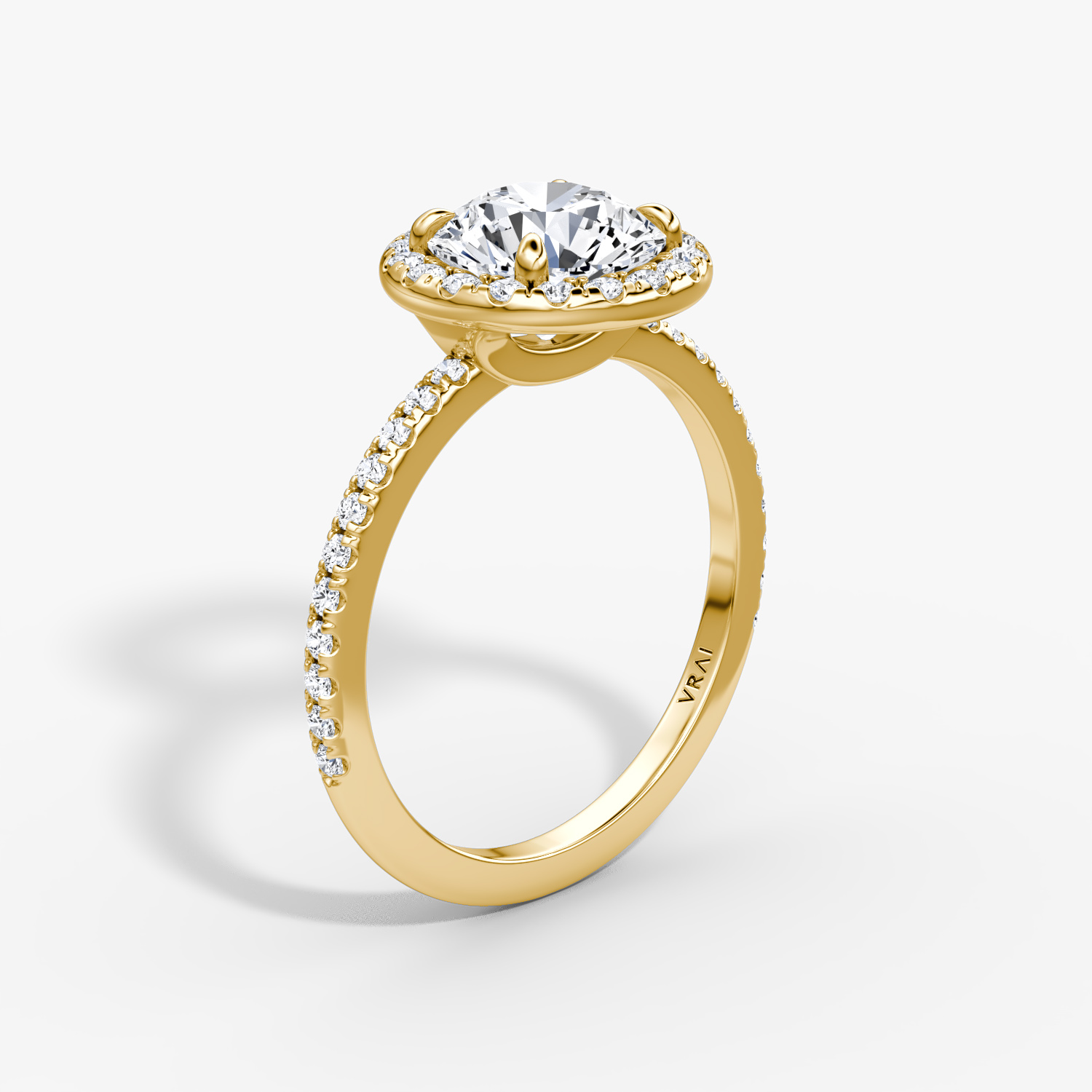 The Halo | Round Brilliant | 18k | Yellow Gold | bandAccent: Pavé | caratWeight: 2.0ct | haloSize: original | diamondOrientation: vertical