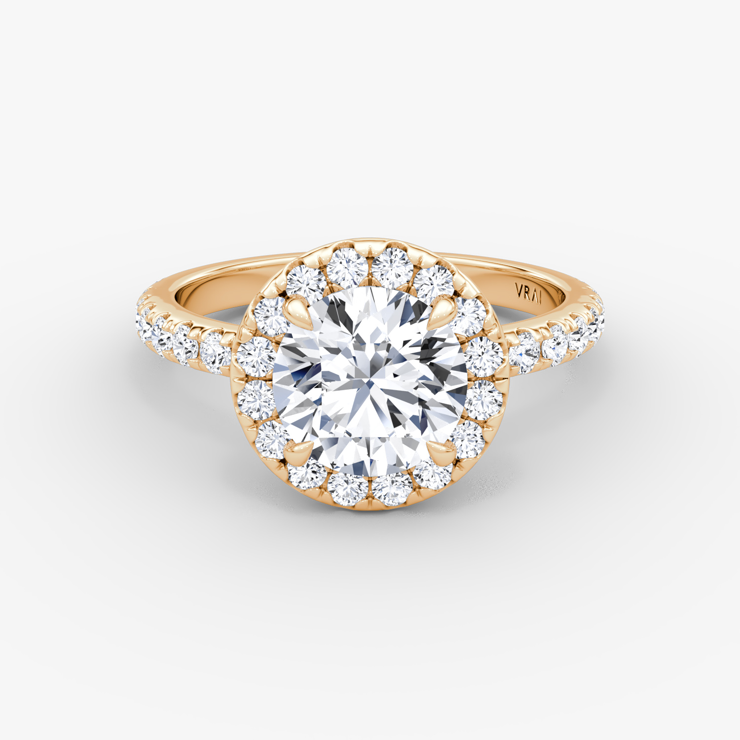 The Halo | Round Brilliant | 14k | Rose Gold | bandAccent: Pavé | caratWeight: other | haloSize: large | diamondOrientation: vertical