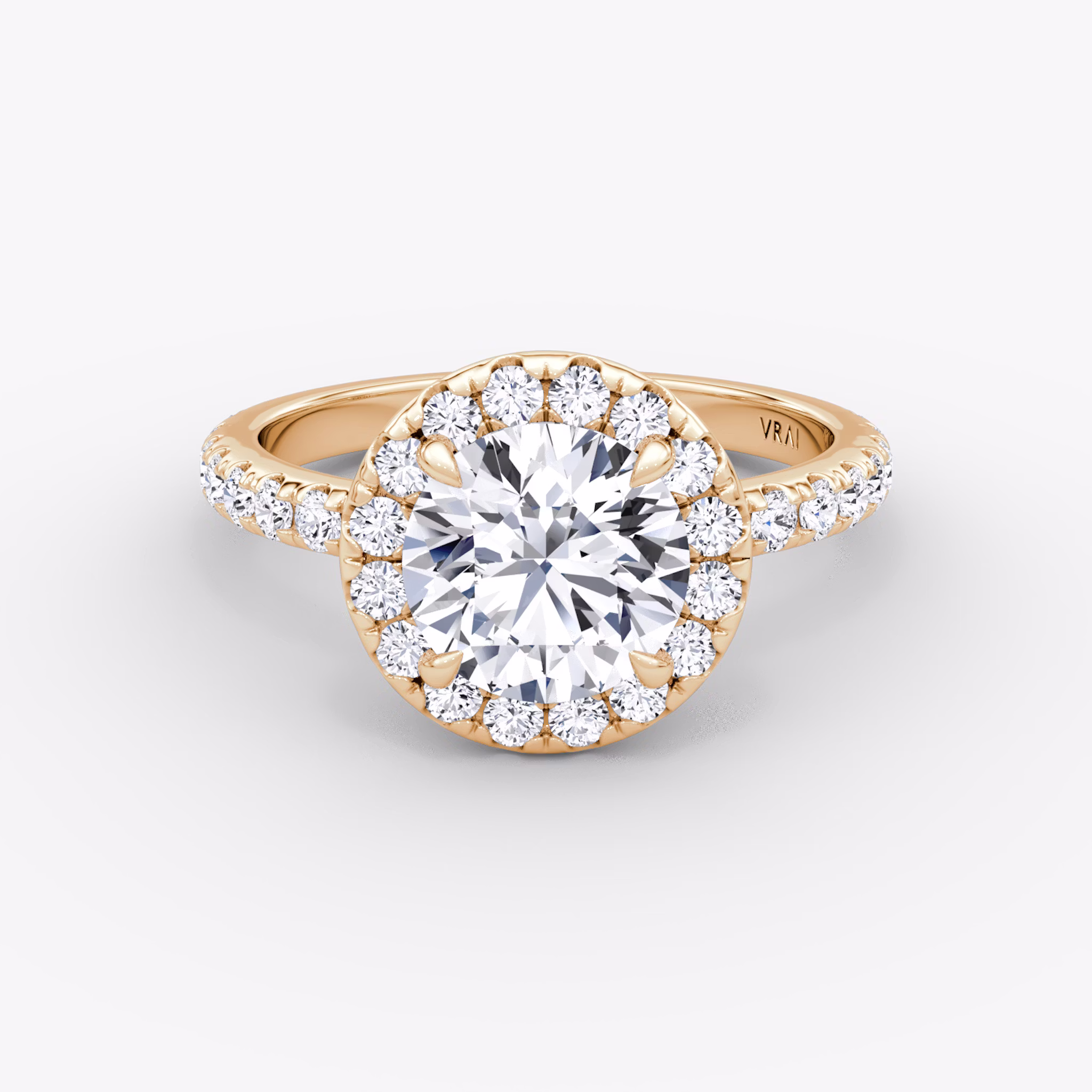The Halo | Round Brilliant | 14k | Rose Gold | bandAccent: Pavé | caratWeight: other | haloSize: large | diamondOrientation: vertical