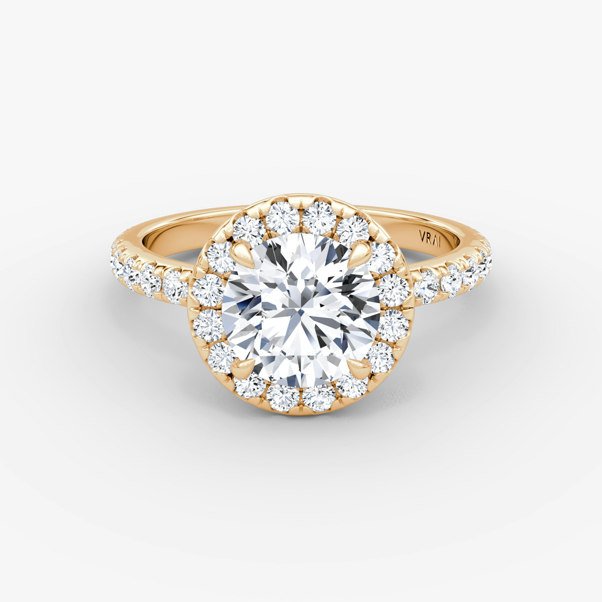 The Halo | Round Brilliant | 14k | Rose Gold | bandAccent: Pavé | caratWeight: other | haloSize: large | diamondOrientation: vertical