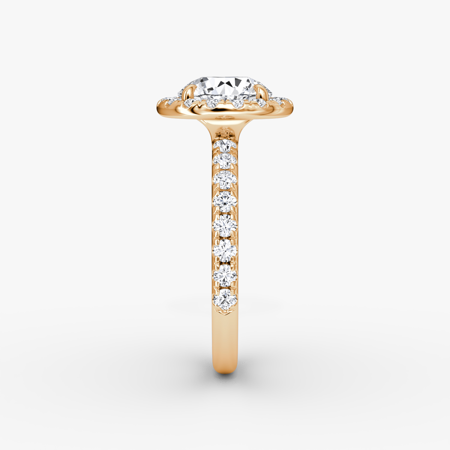 The Halo | Round Brilliant | 14k | Rose Gold | bandAccent: Pavé | caratWeight: other | haloSize: large | diamondOrientation: vertical