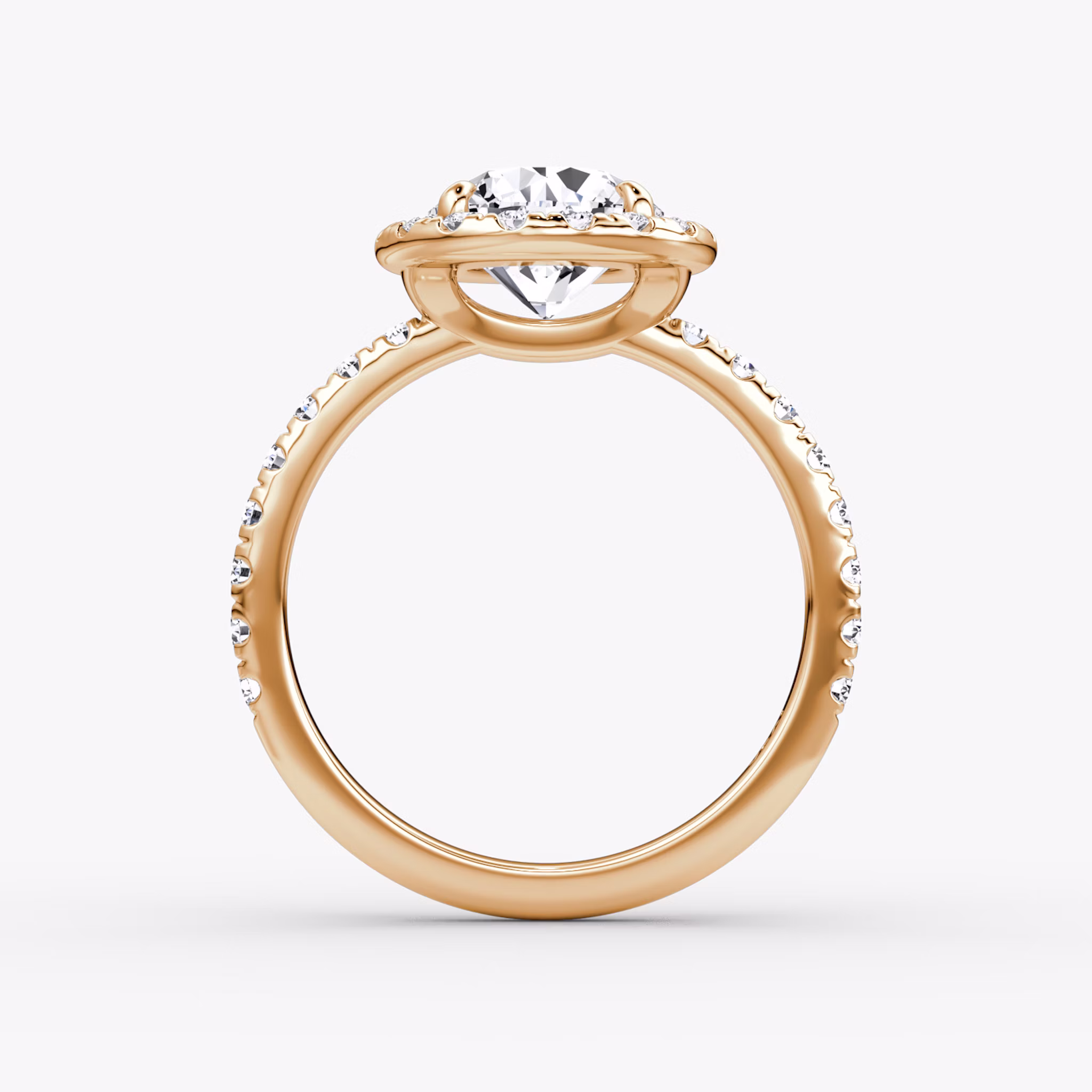 The Halo | Round Brilliant | 14k | Rose Gold | bandAccent: Pavé | caratWeight: other | haloSize: large | diamondOrientation: vertical