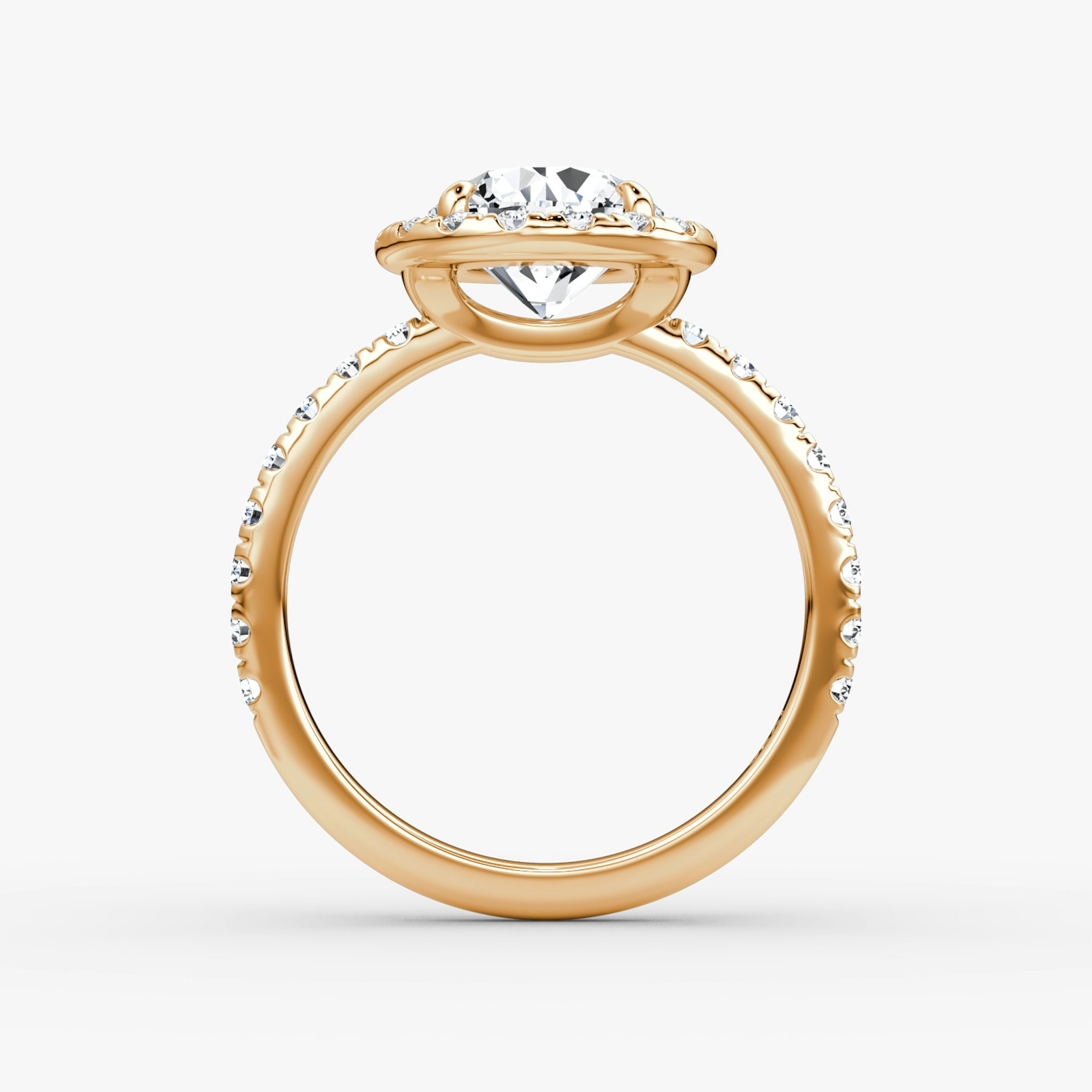 The Halo | Round Brilliant | 14k | Rose Gold | bandAccent: Pavé | caratWeight: other | haloSize: large | diamondOrientation: vertical