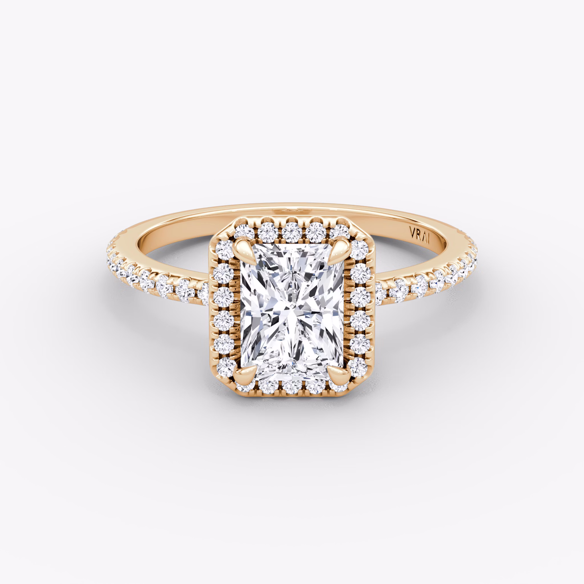 The Halo | Radiant | 14k | Rose Gold | bandAccent: Pavé | haloSize: original | diamondOrientation: vertical | caratWeight: other