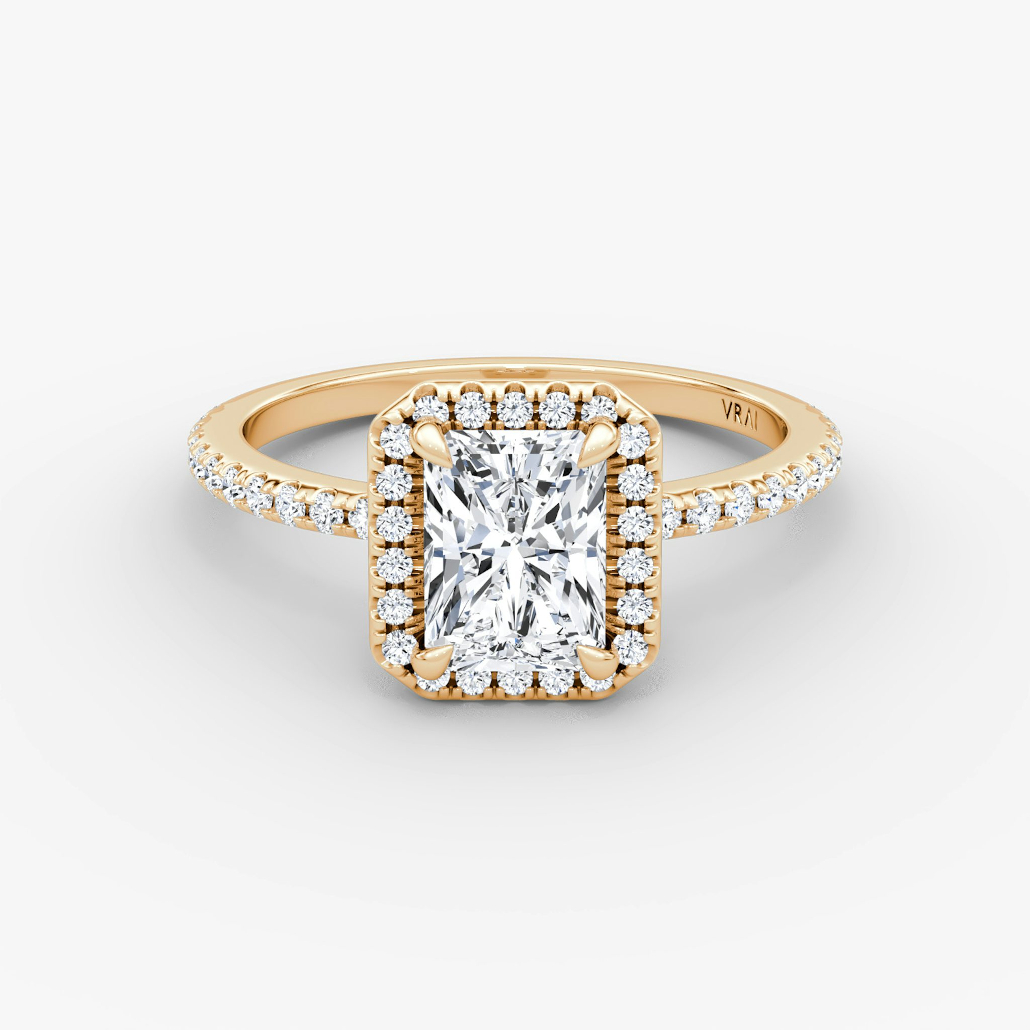 The Halo | Radiant | 14k | Rose Gold | bandAccent: Pavé | haloSize: original | diamondOrientation: vertical | caratWeight: other