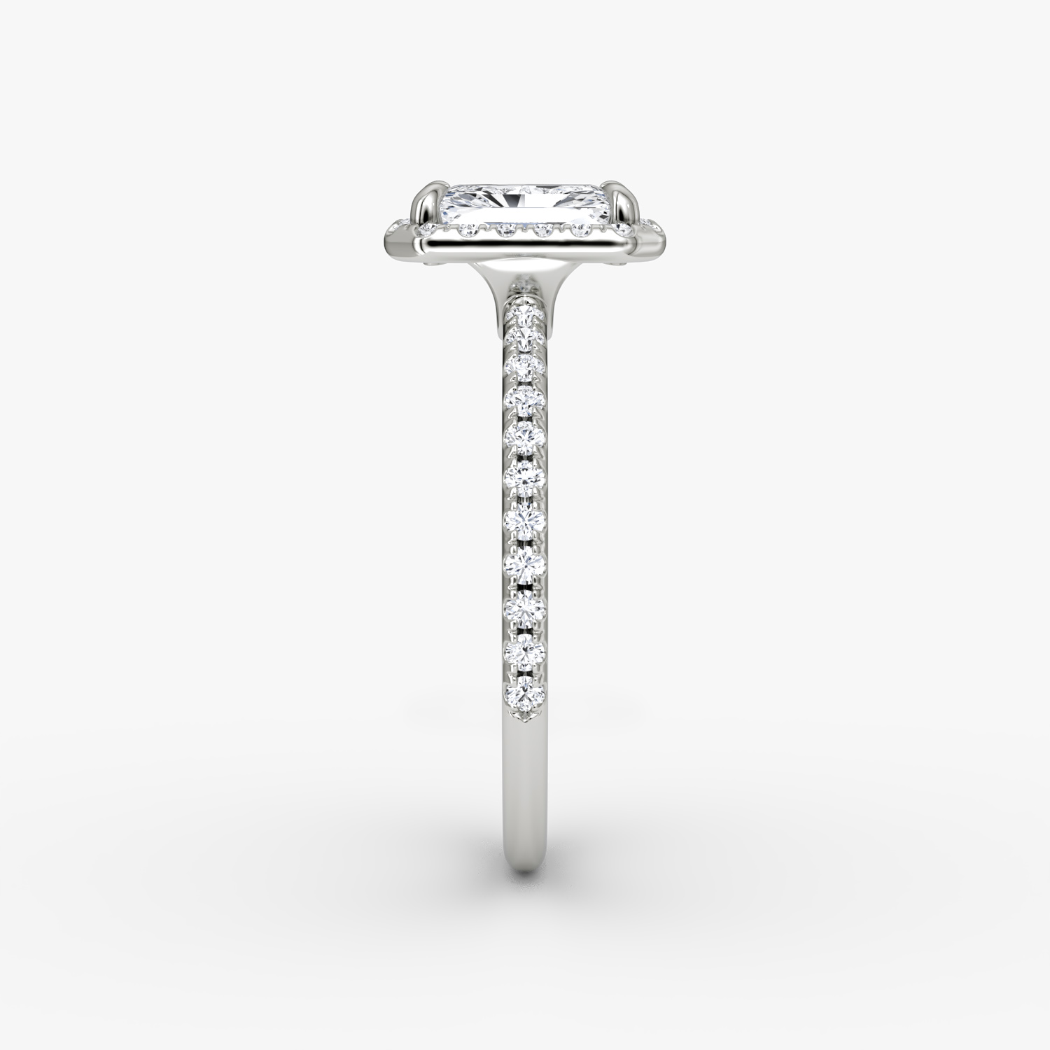 The Halo | Radiant | Platinum | bandAccent: Pavé | haloSize: original | diamondOrientation: vertical | caratWeight: other